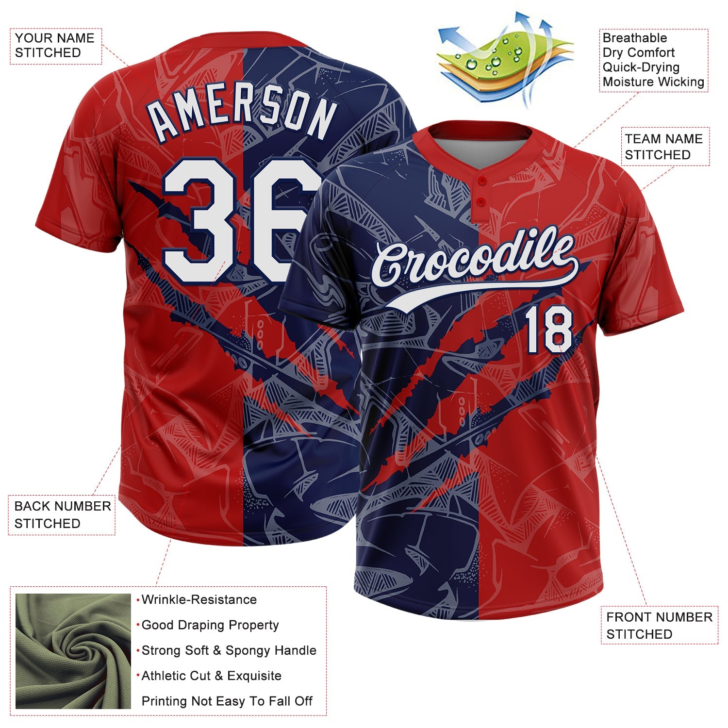 Custom Graffiti Pattern White Red-Navy 3D Scratch Two-Button Unisex Softball Jersey