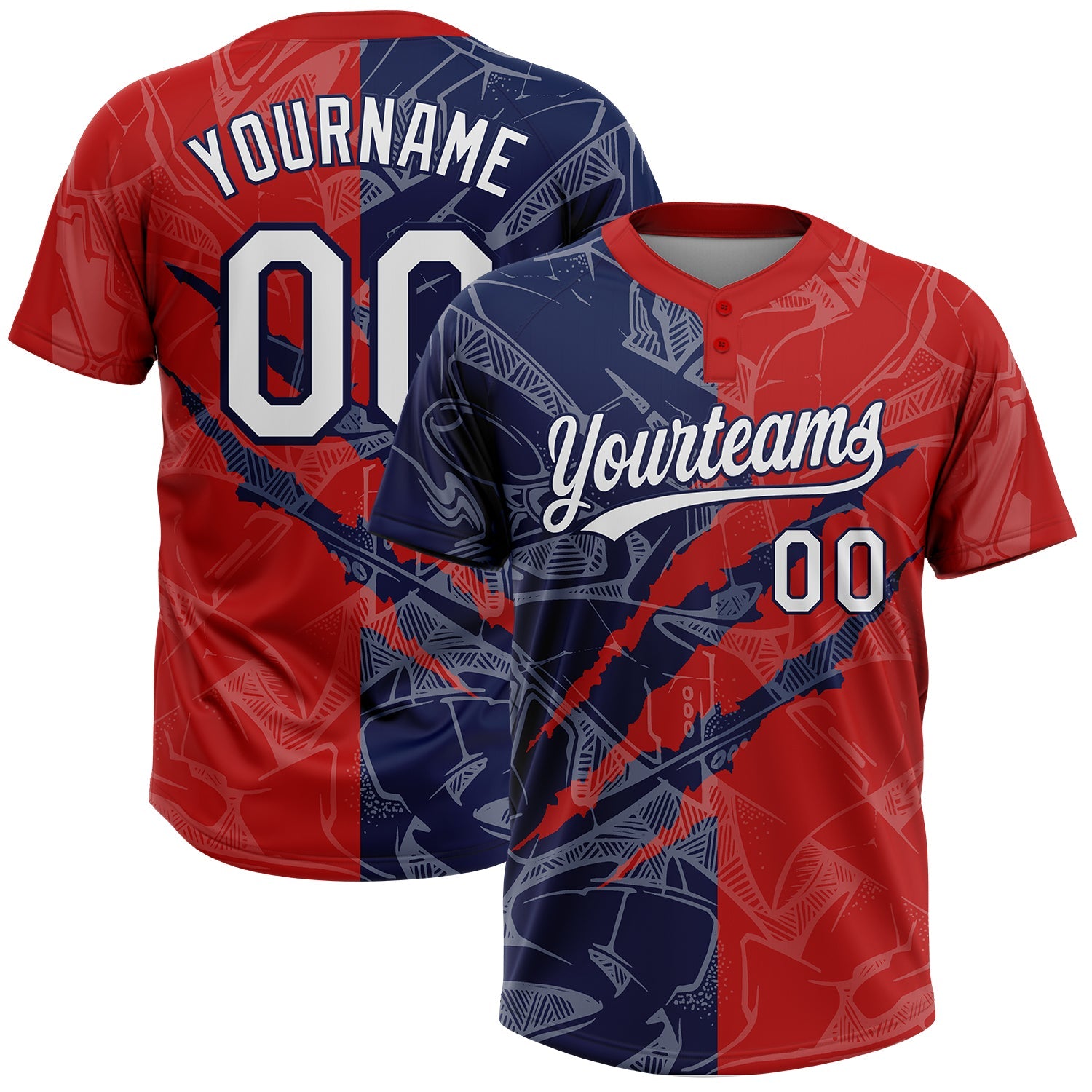 Custom Graffiti Pattern White Red-Navy 3D Scratch Two-Button Unisex Softball Jersey
