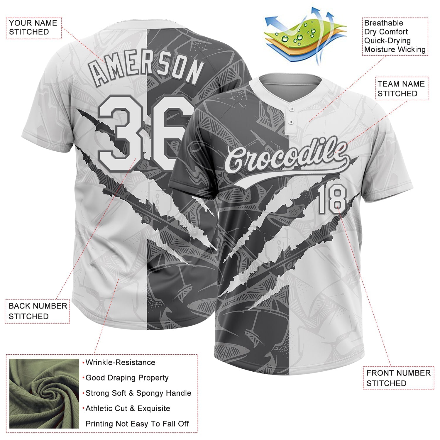 Custom Graffiti Pattern White-Steel Gray 3D Scratch Two-Button Unisex Softball Jersey