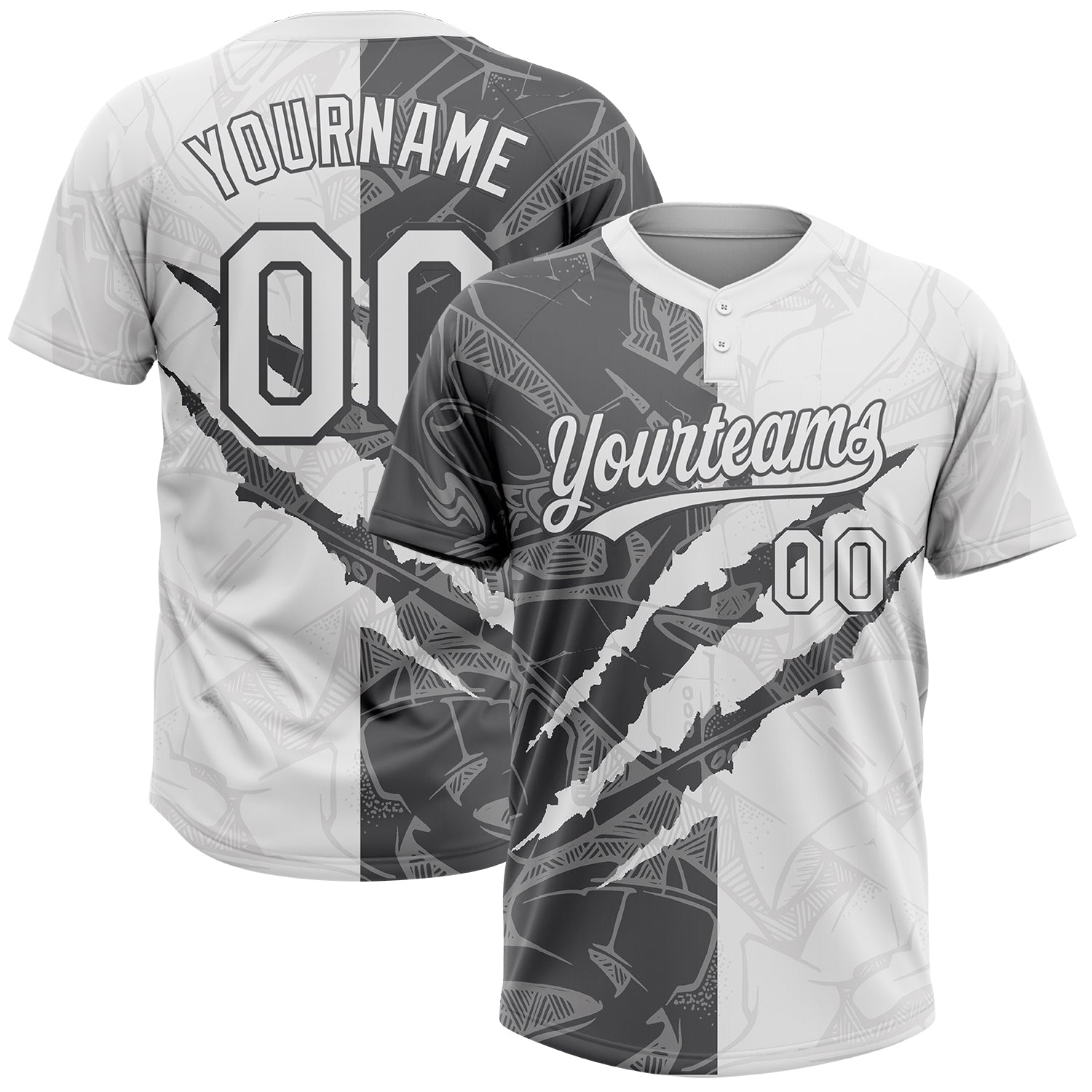 Custom Graffiti Pattern White-Steel Gray 3D Scratch Two-Button Unisex Softball Jersey