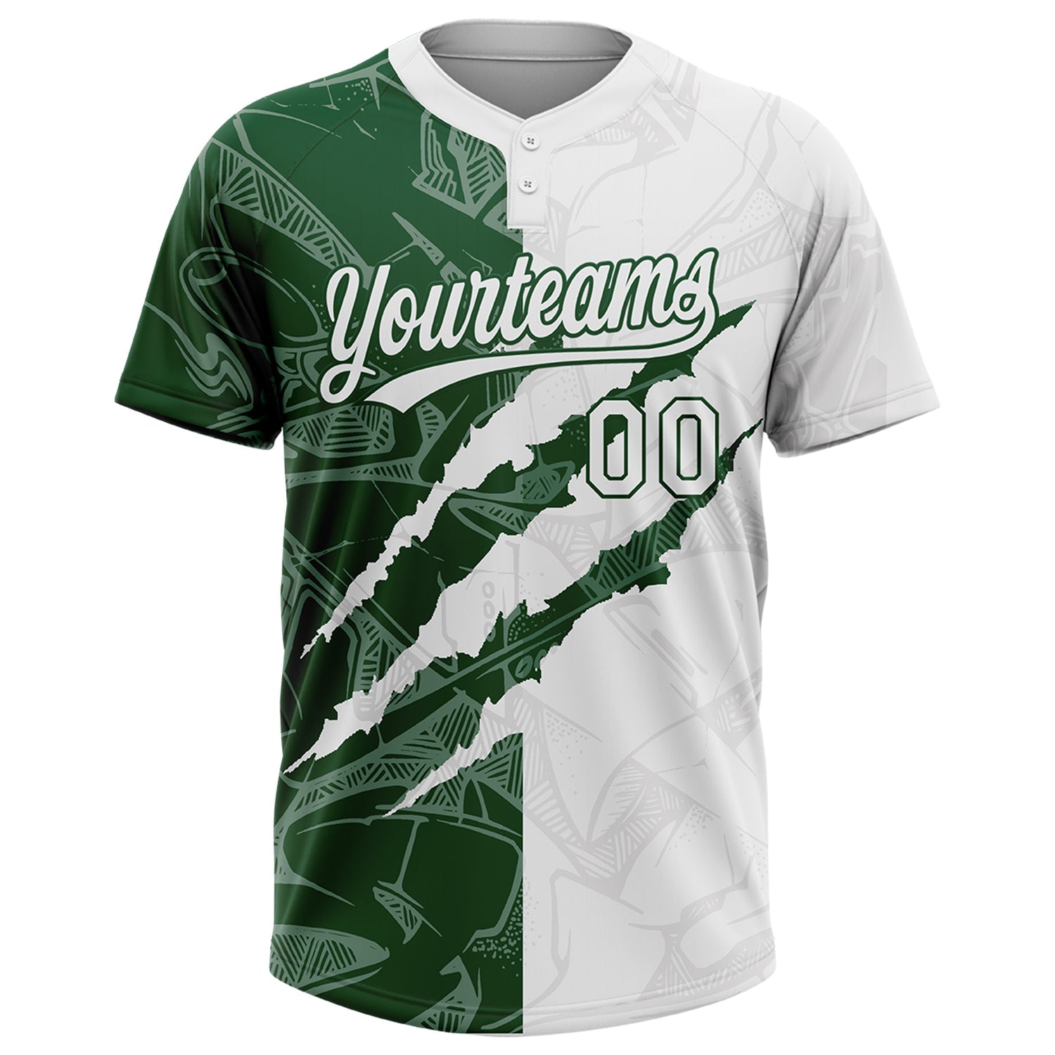 Custom Graffiti Pattern White-Green 3D Scratch Two-Button Unisex Softball Jersey