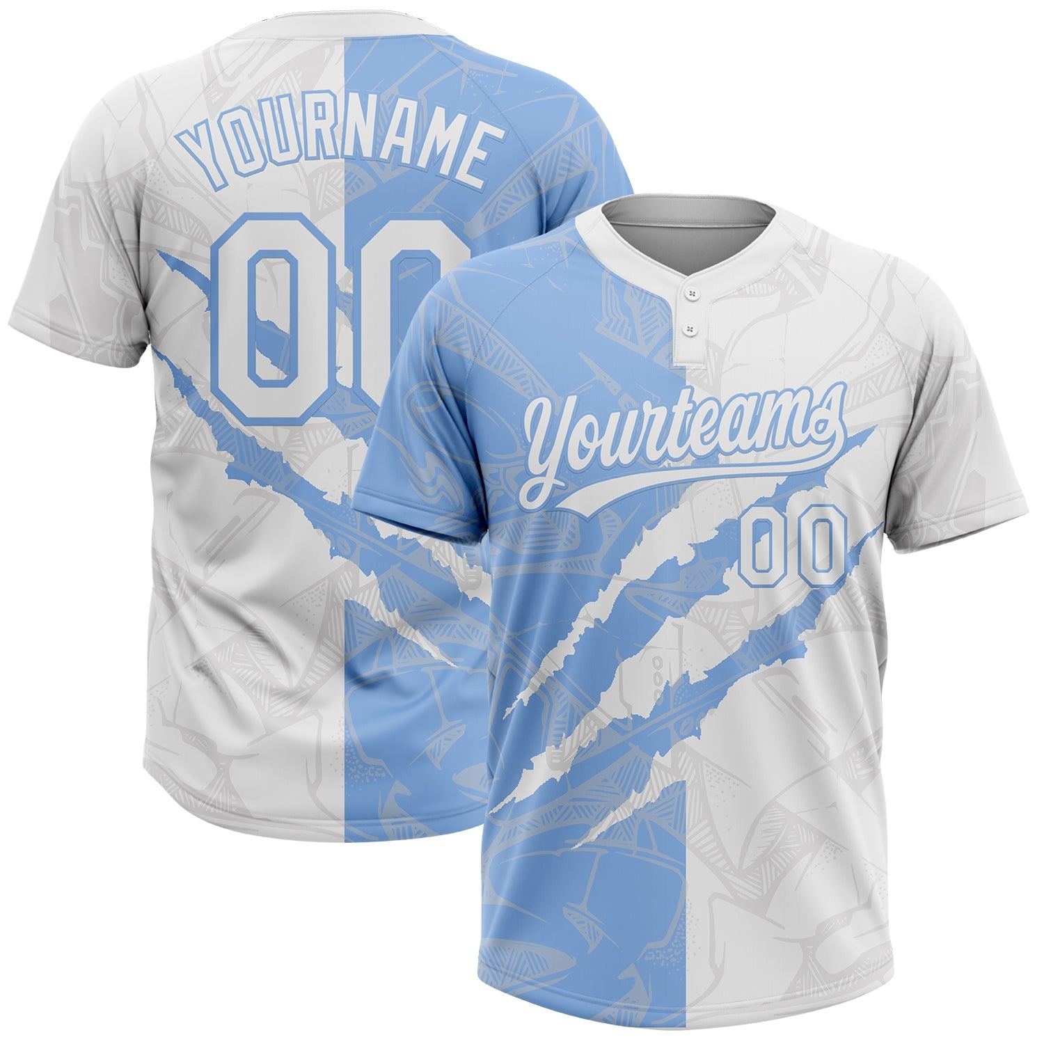 Custom Graffiti Pattern White-Light Blue 3D Scratch Two-Button Unisex Softball Jersey