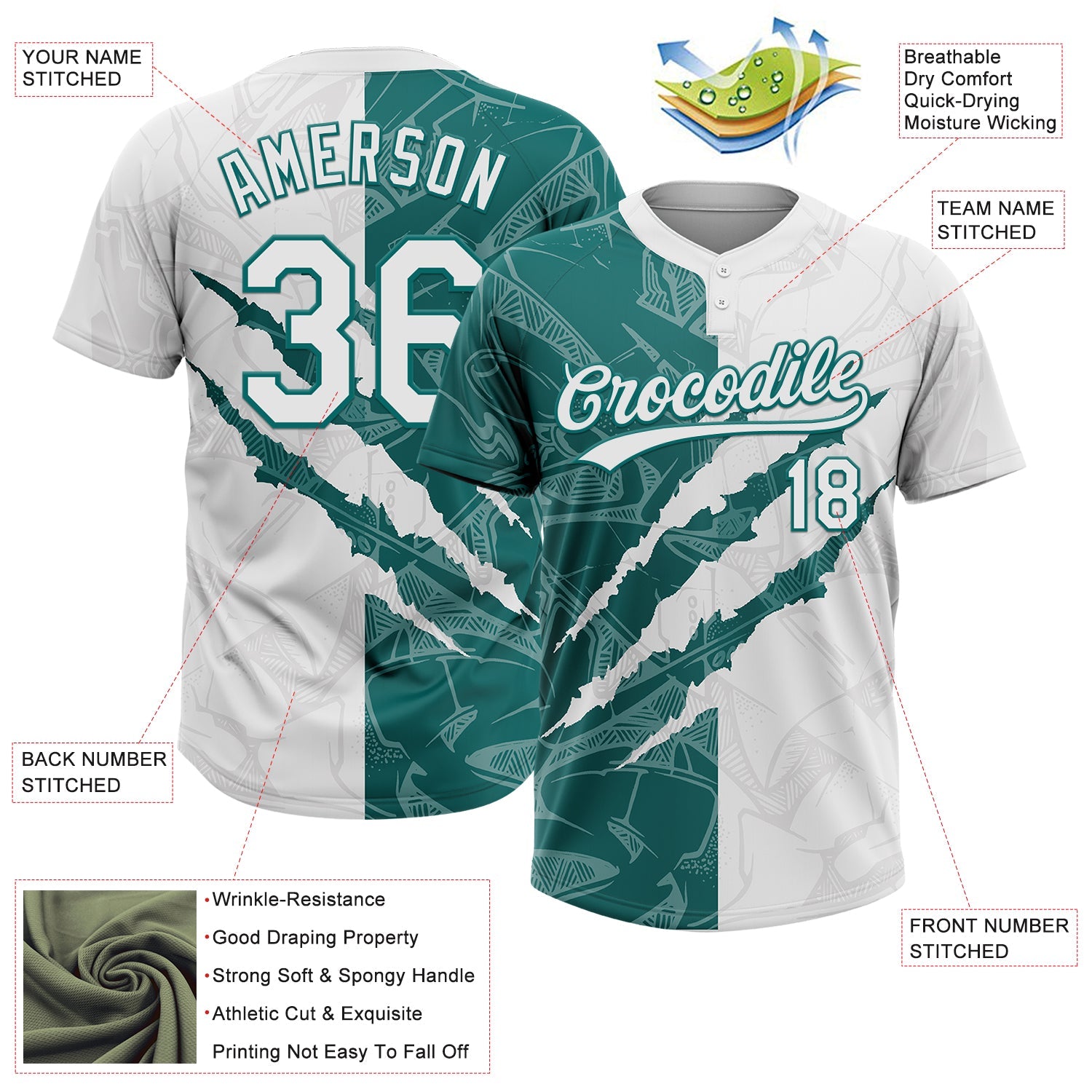 Custom Graffiti Pattern White-Teal 3D Scratch Two-Button Unisex Softball Jersey
