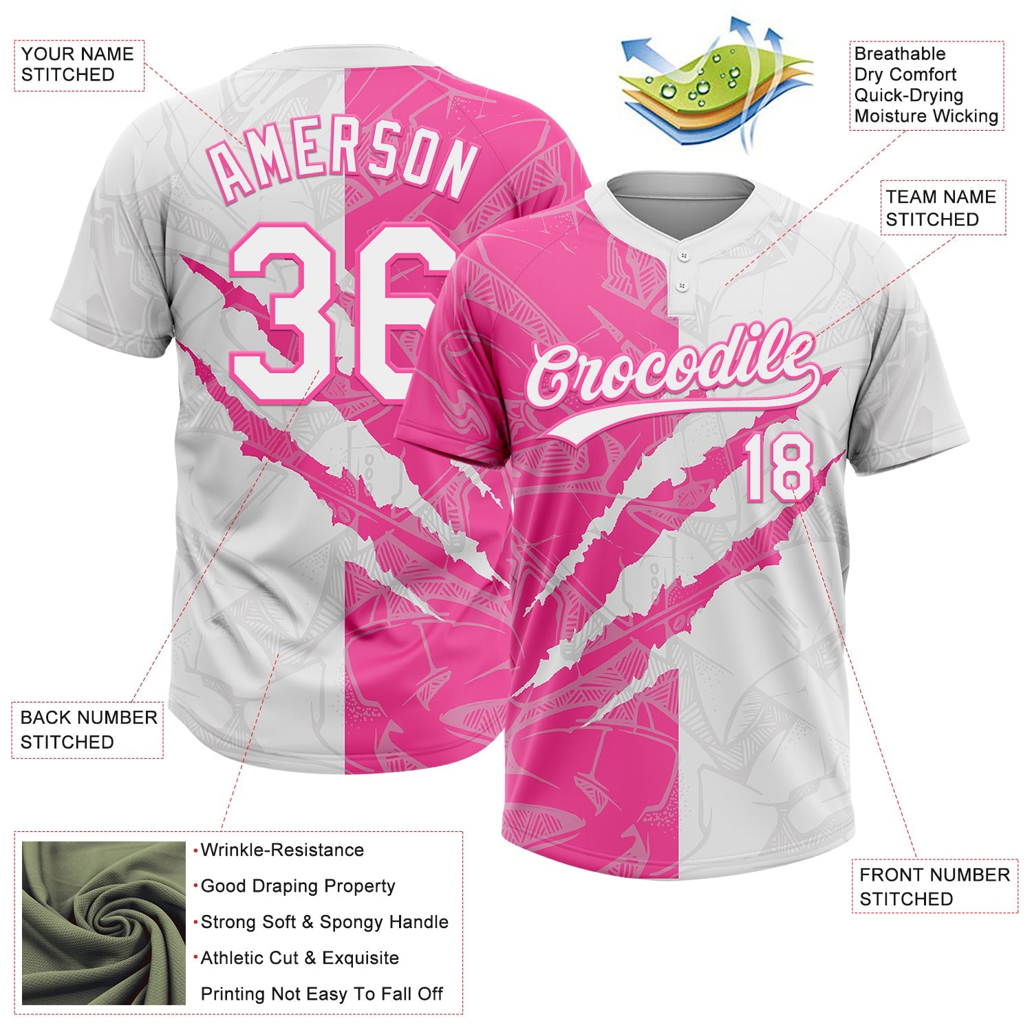 Custom Graffiti Pattern White-Pink 3D Scratch Two-Button Unisex Softball Jersey