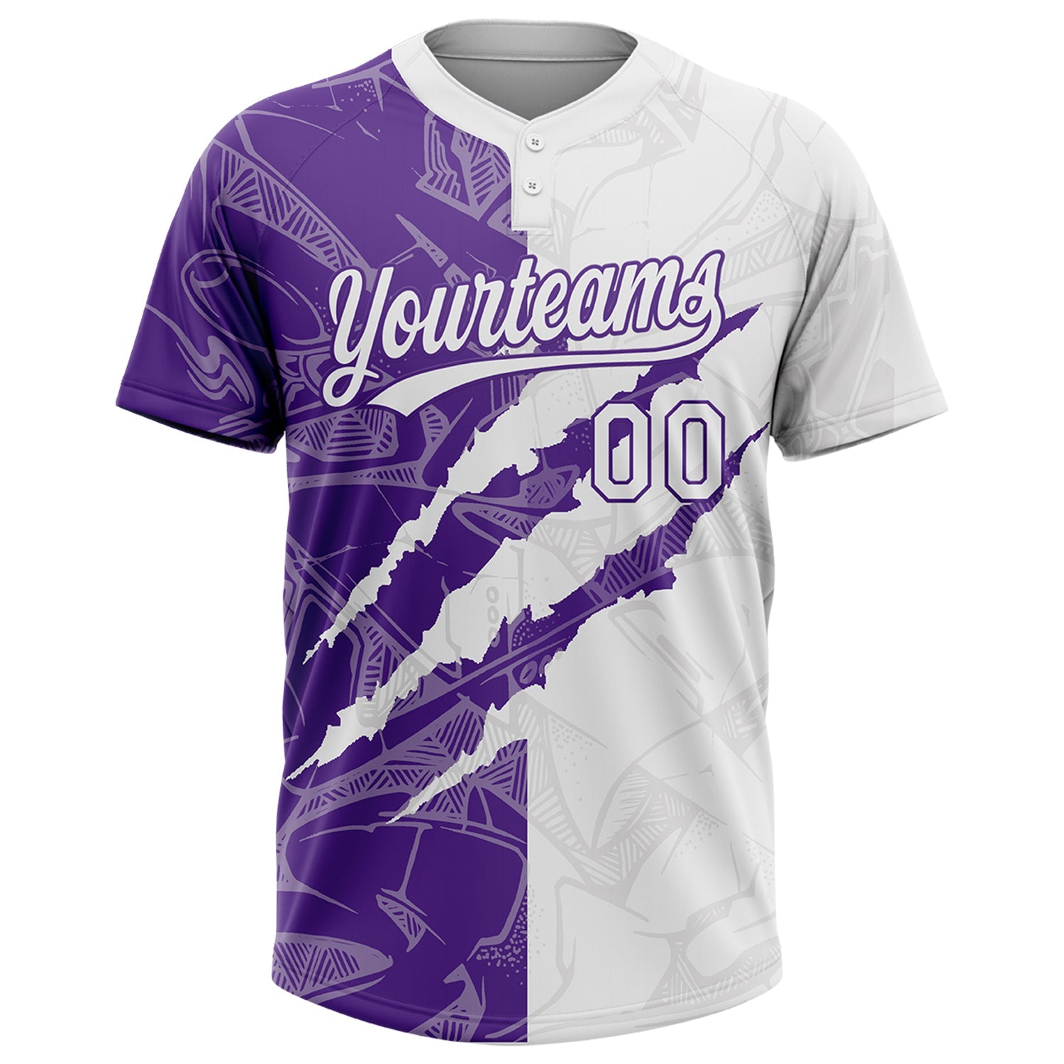Custom Graffiti Pattern White-Purple 3D Scratch Two-Button Unisex Softball Jersey