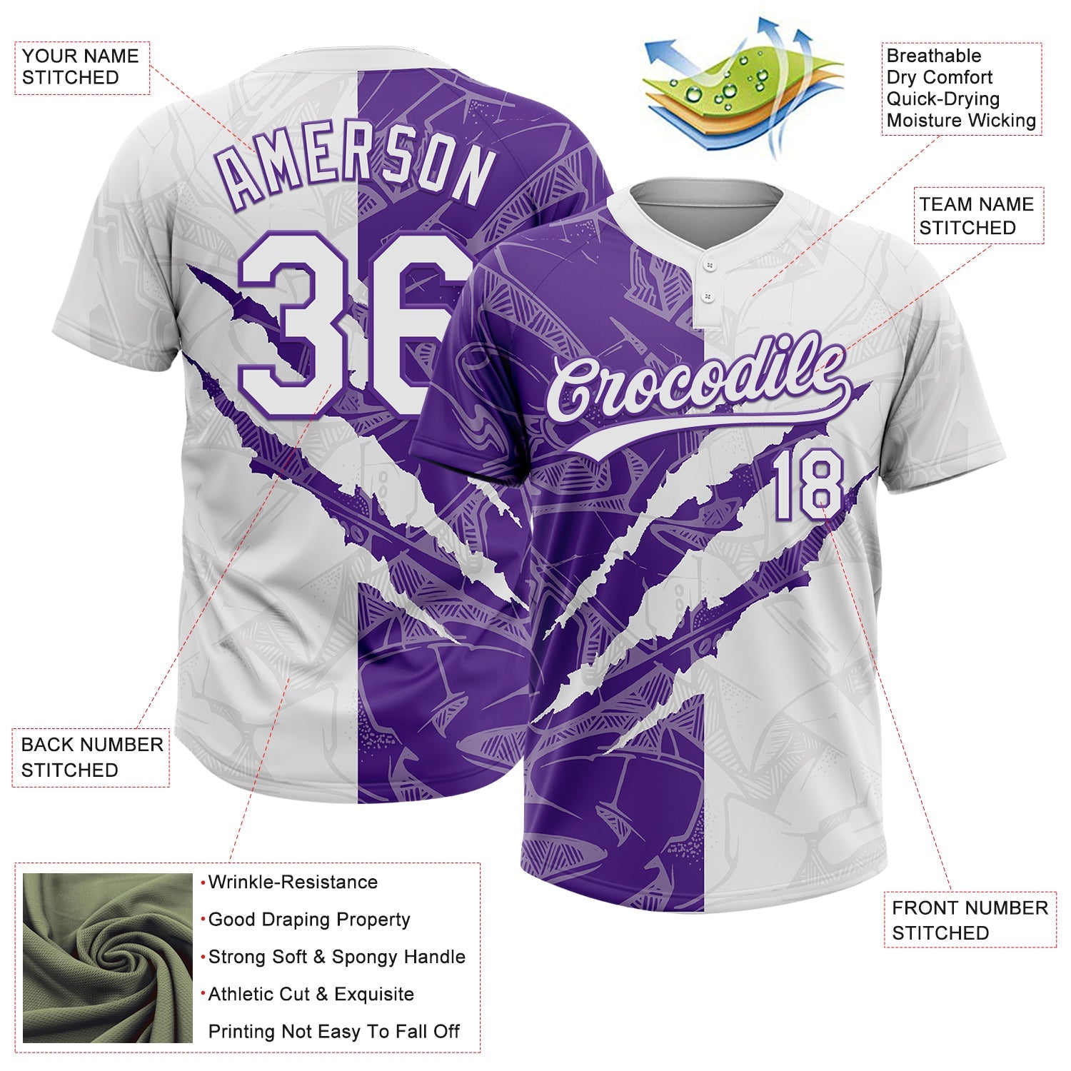 Custom Graffiti Pattern White-Purple 3D Scratch Two-Button Unisex Softball Jersey