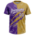 Custom Graffiti Pattern White Old Gold-Purple 3D Scratch Two-Button Unisex Softball Jersey