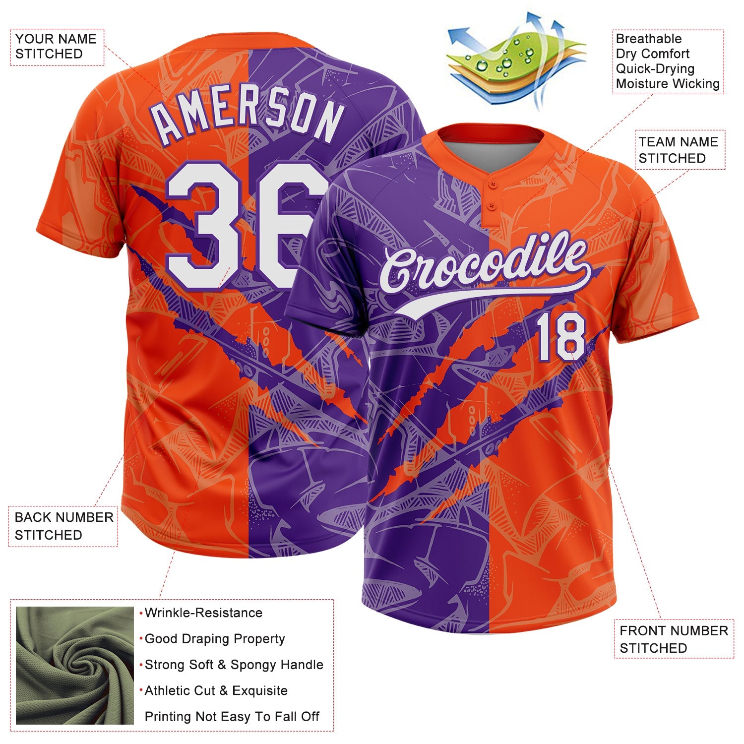 Custom Graffiti Pattern White Orange-Purple 3D Scratch Two-Button Unisex Softball Jersey