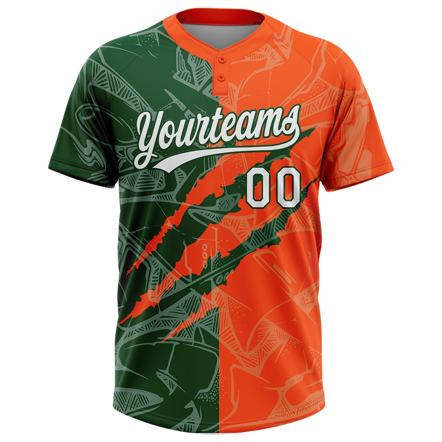 Custom Graffiti Pattern White Orange-Green 3D Scratch Two-Button Unisex Softball Jersey