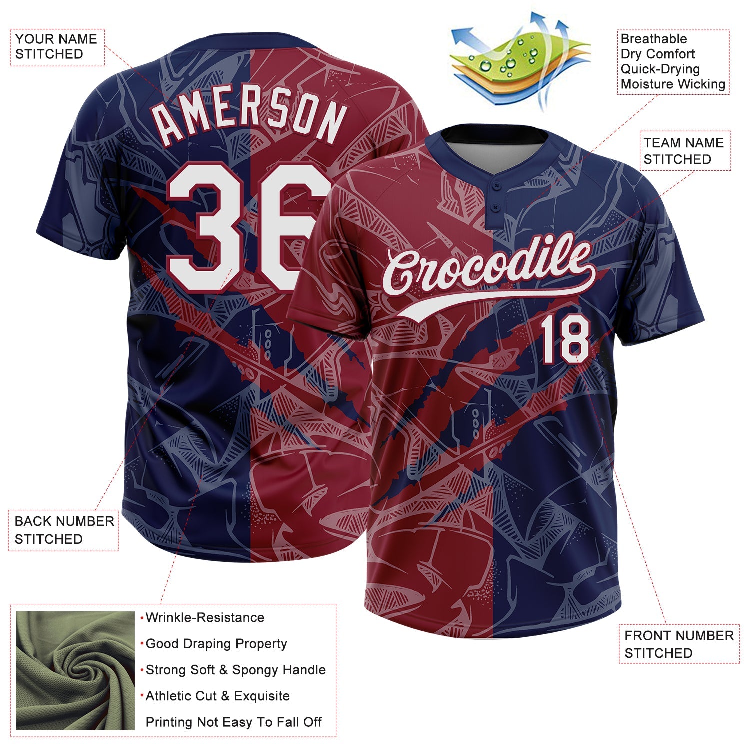 Custom Graffiti Pattern White Navy-Crimson 3D Scratch Two-Button Unisex Softball Jersey
