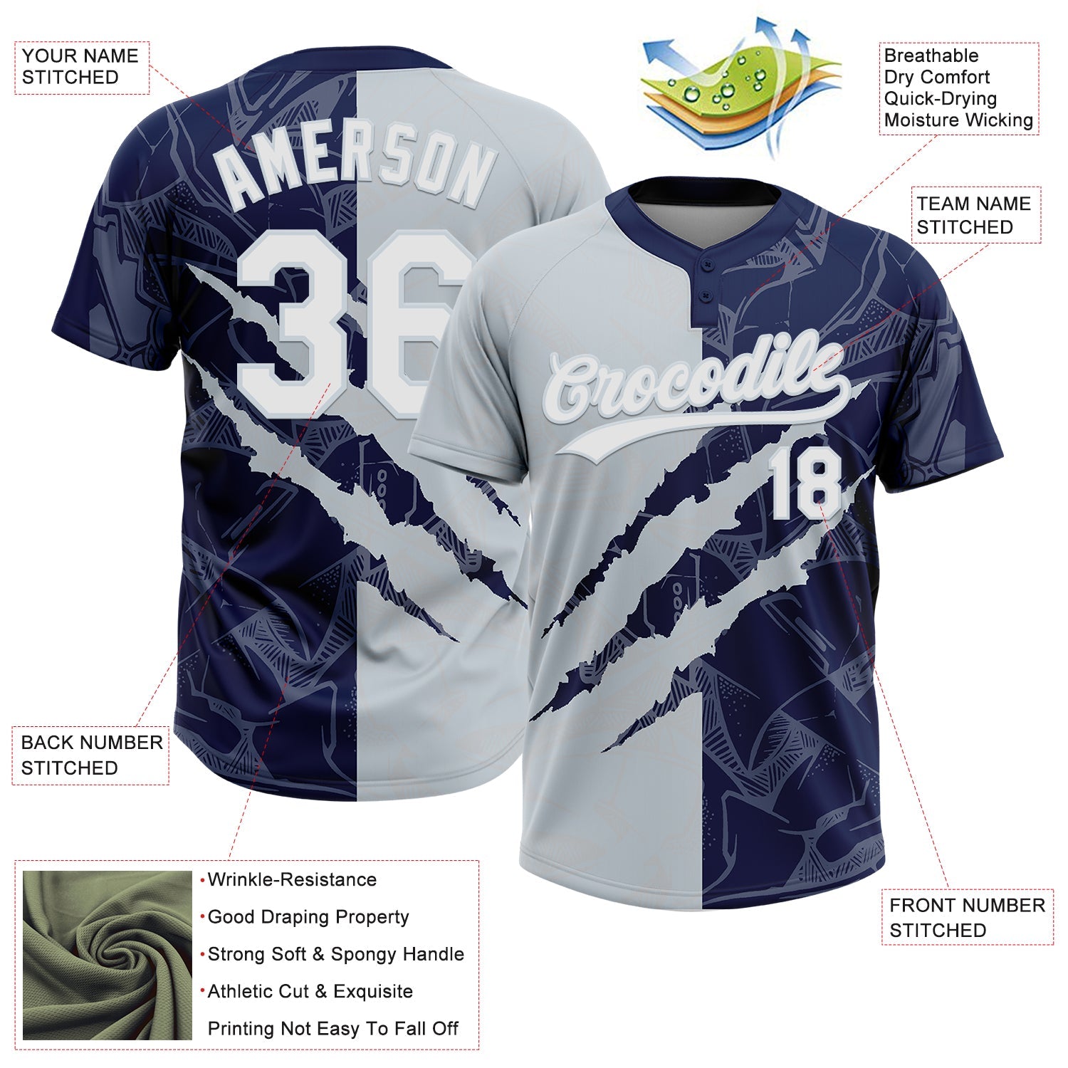Custom Graffiti Pattern White Navy-Silver 3D Scratch Two-Button Unisex Softball Jersey