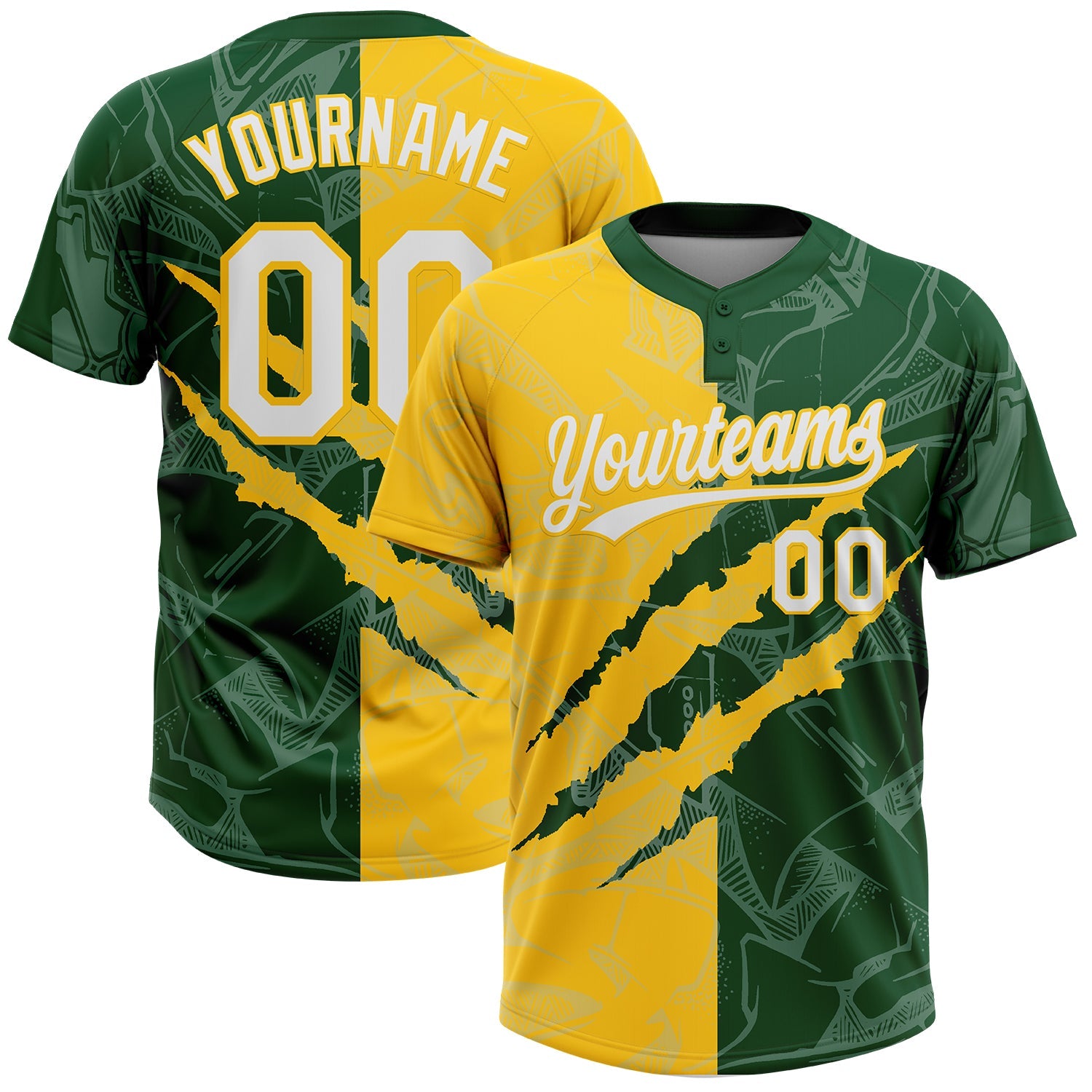 Custom Graffiti Pattern White Green-Yellow 3D Scratch Two-Button Unisex Softball Jersey