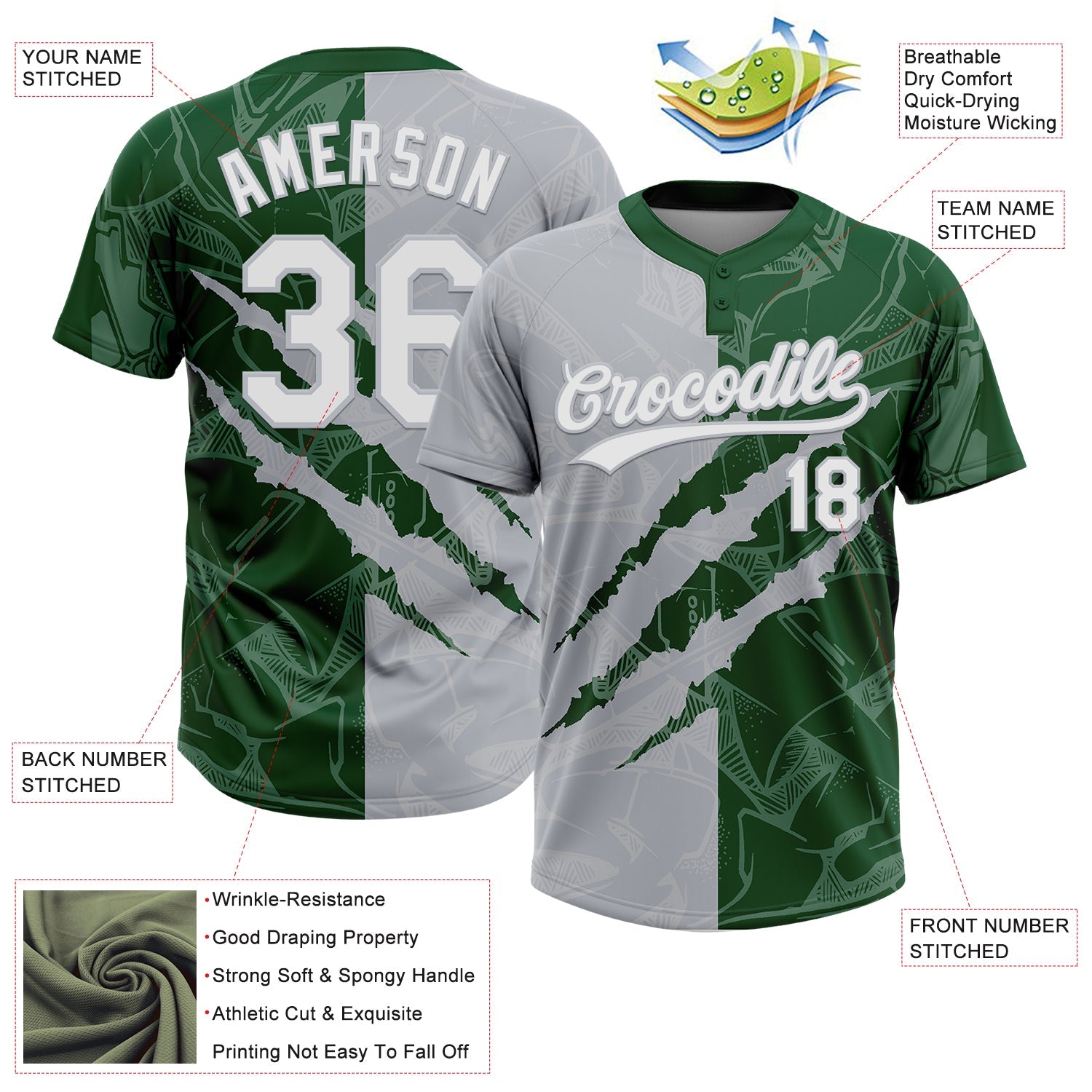 Custom Graffiti Pattern White Green-Gray 3D Scratch Two-Button Unisex Softball Jersey