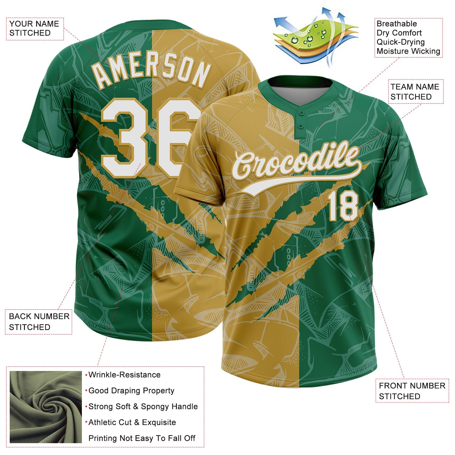 Custom Graffiti Pattern White Kelly Green-Old Gold 3D Scratch Two-Button Unisex Softball Jersey