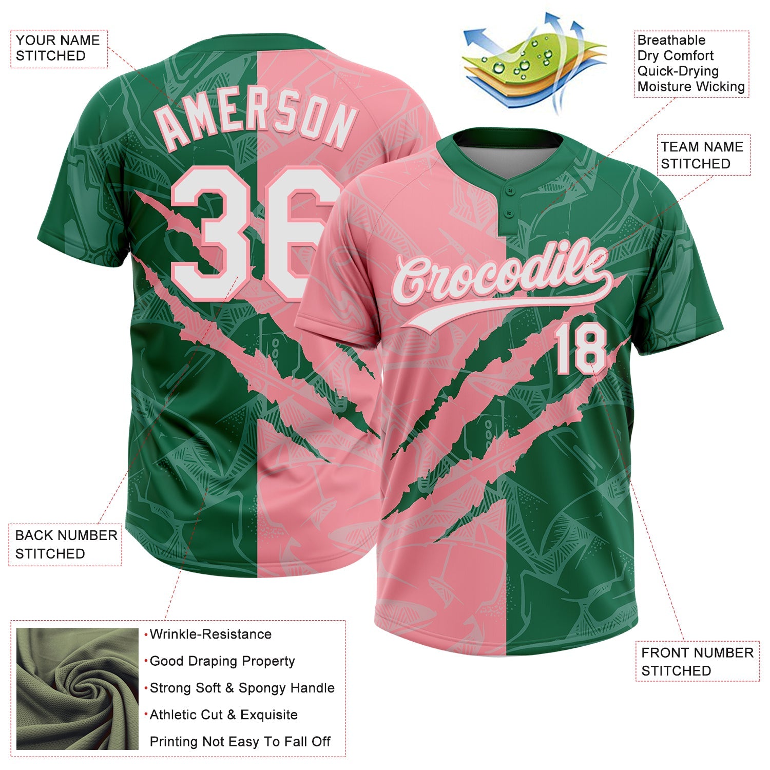 Custom Graffiti Pattern White Kelly Green-Medium Pink 3D Scratch Two-Button Unisex Softball Jersey