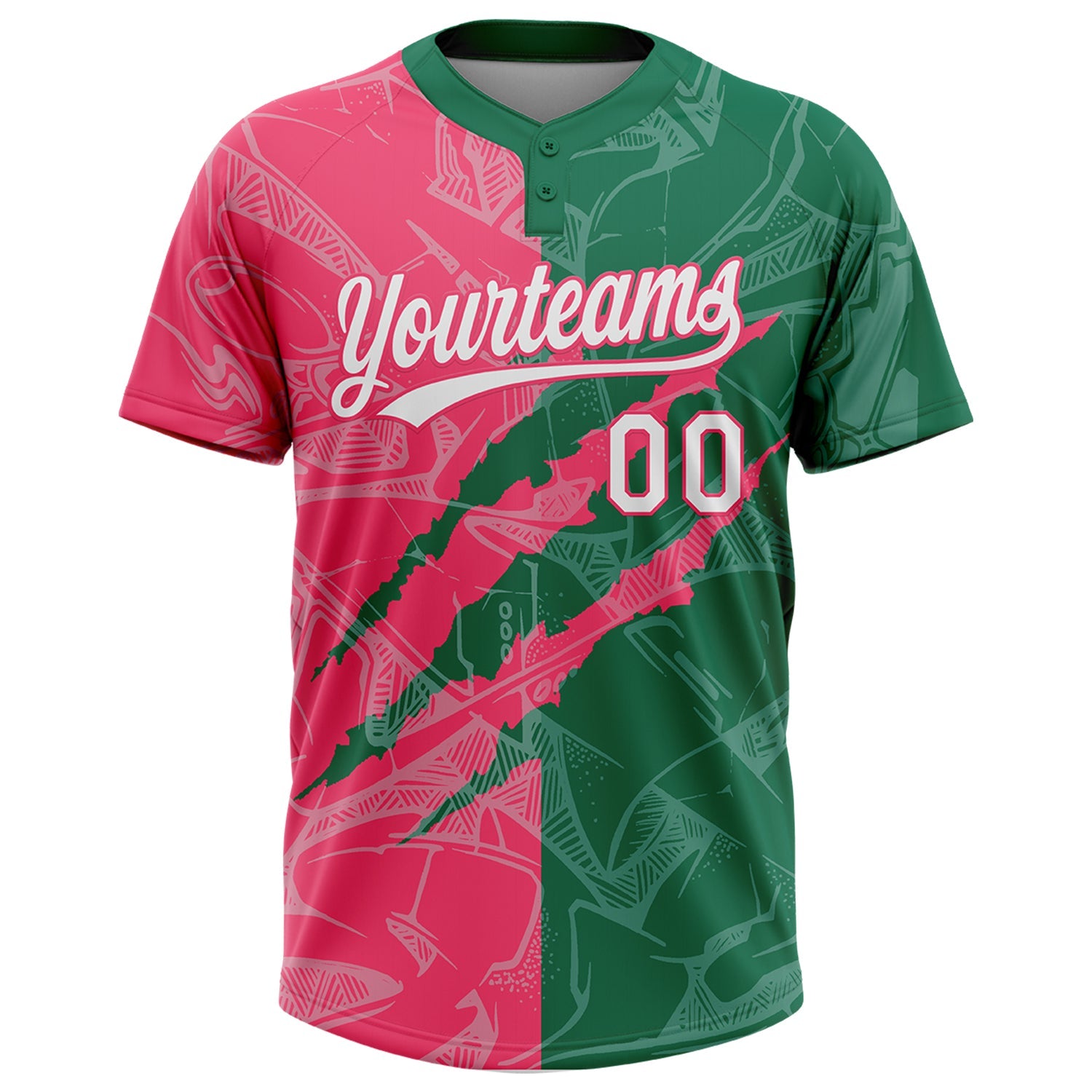 Custom Graffiti Pattern White Kelly Green-Neon Pink 3D Scratch Two-Button Unisex Softball Jersey