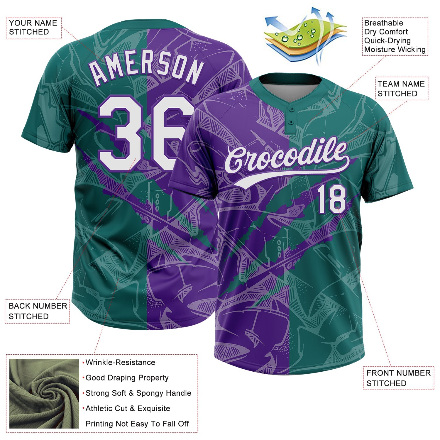 Custom Graffiti Pattern White Teal-Purple 3D Scratch Two-Button Unisex Softball Jersey