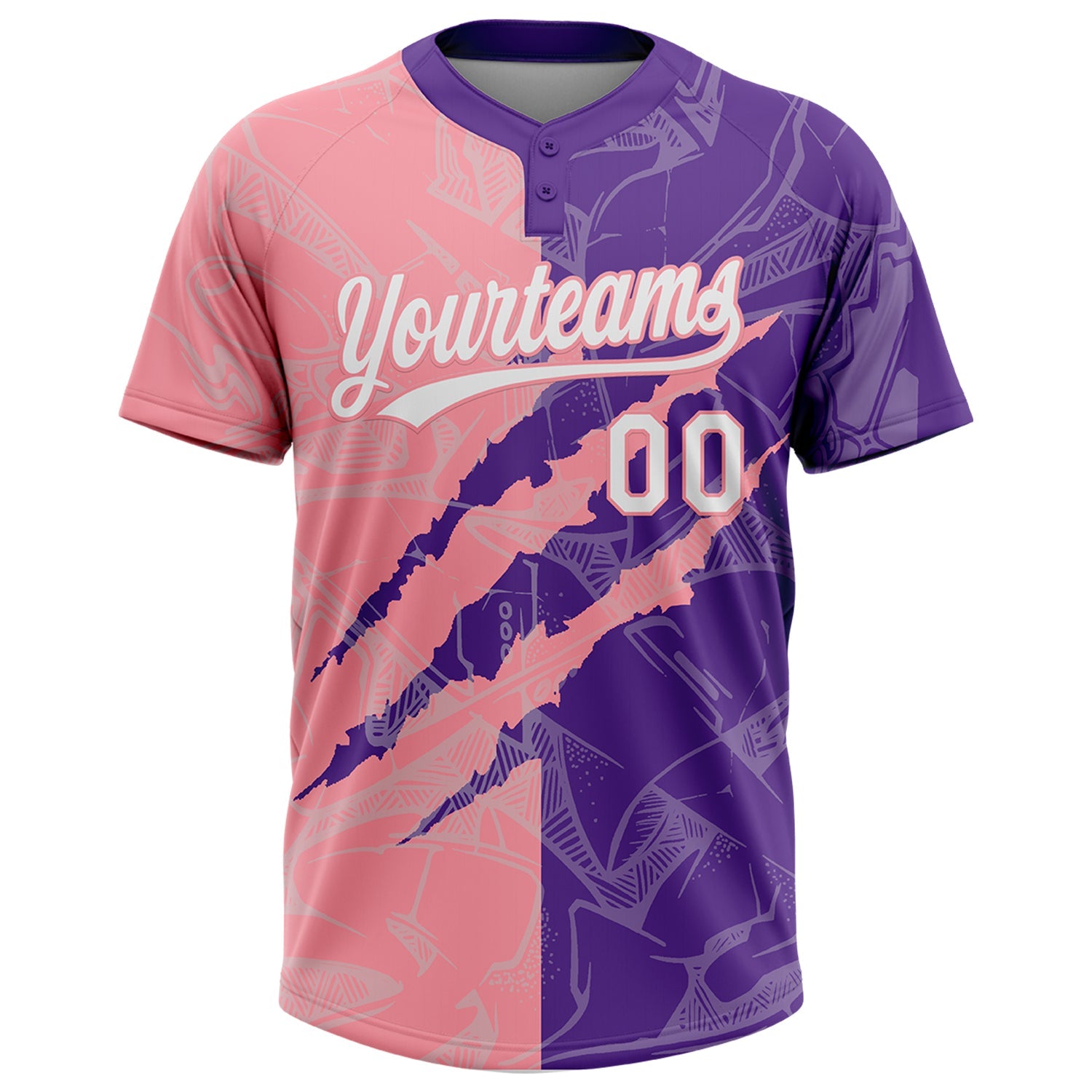 Custom Graffiti Pattern White Purple-Medium Pink 3D Scratch Two-Button Unisex Softball Jersey