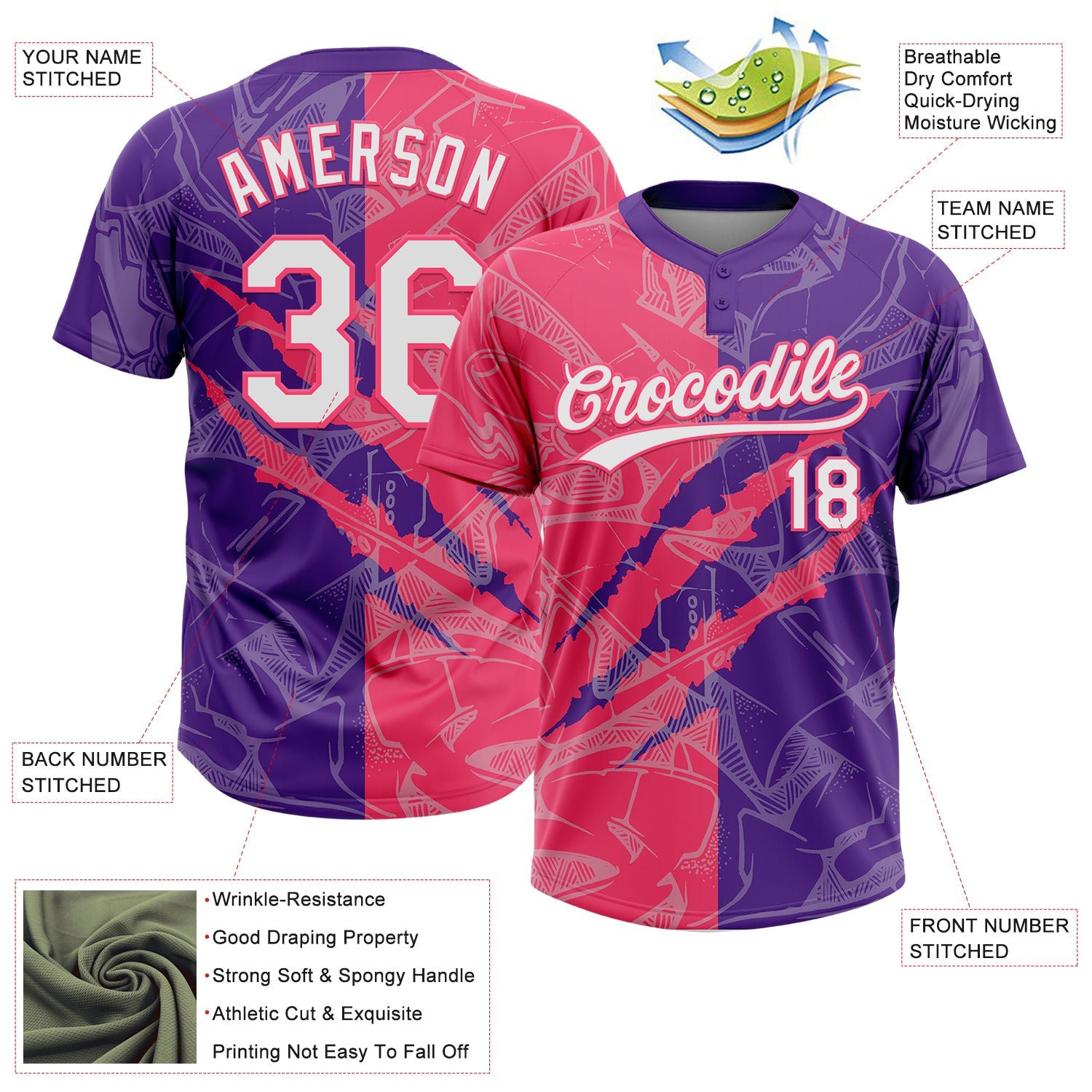 Custom Graffiti Pattern White Purple-Neon Pink 3D Scratch Two-Button Unisex Softball Jersey