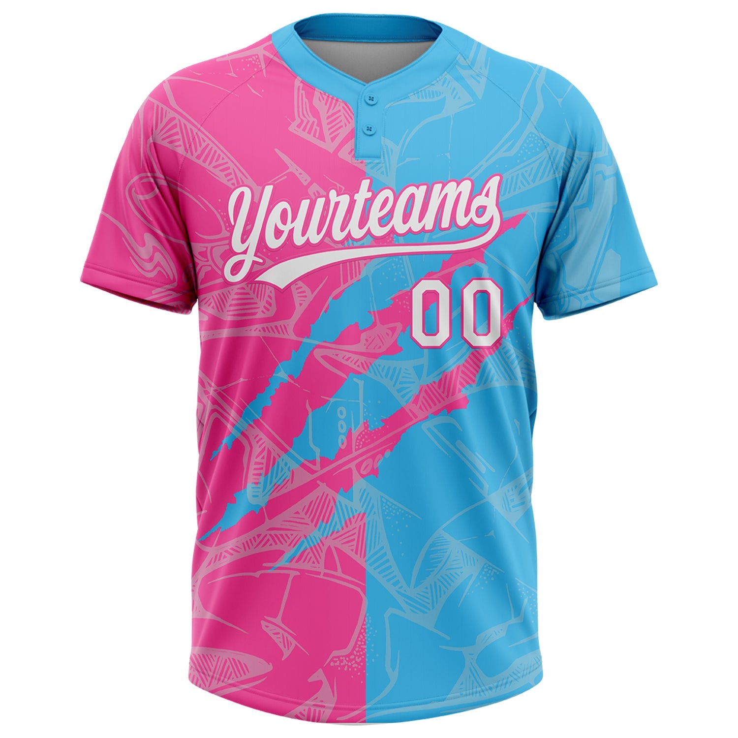 Custom Graffiti Pattern White Sky Blue-Pink 3D Scratch Two-Button Unisex Softball Jersey