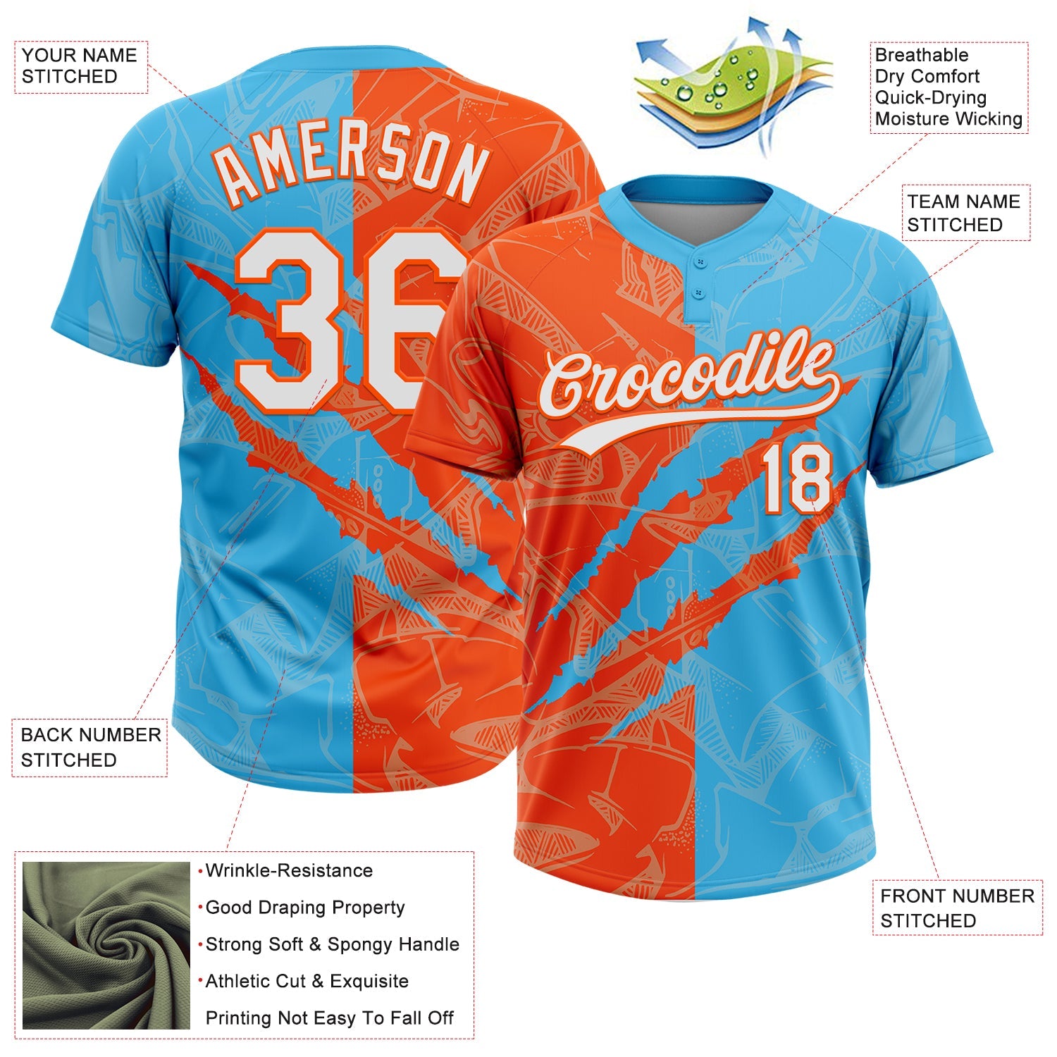 Custom Graffiti Pattern White Sky Blue-Orange 3D Scratch Two-Button Unisex Softball Jersey