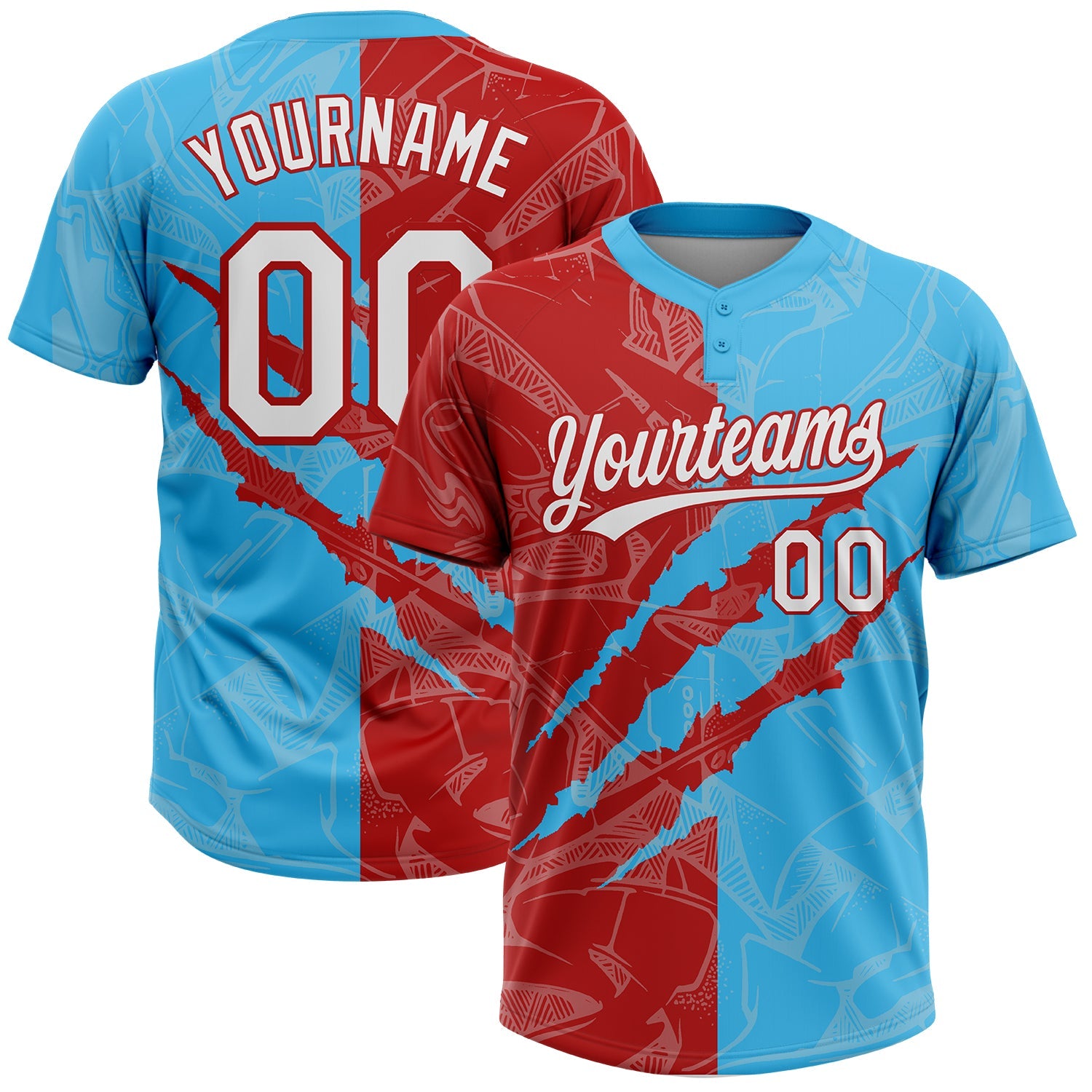 Custom Graffiti Pattern White Sky Blue-Red 3D Scratch Two-Button Unisex Softball Jersey
