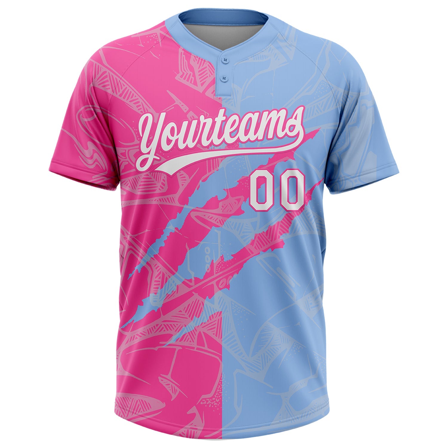 Custom Graffiti Pattern White Light Blue-Pink 3D Scratch Two-Button Unisex Softball Jersey