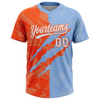 Custom Graffiti Pattern White Light Blue-Orange 3D Scratch Two-Button Unisex Softball Jersey