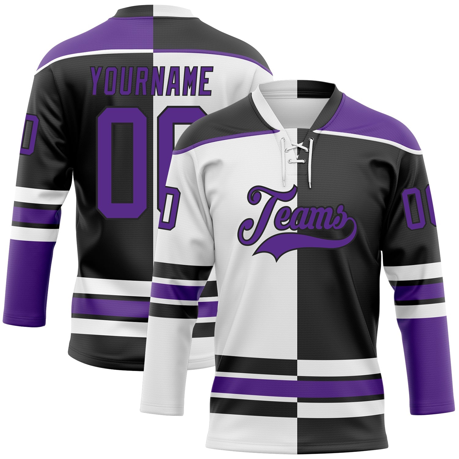 Custom Black Purple-White Split Fashion Hockey Lace Neck Jersey