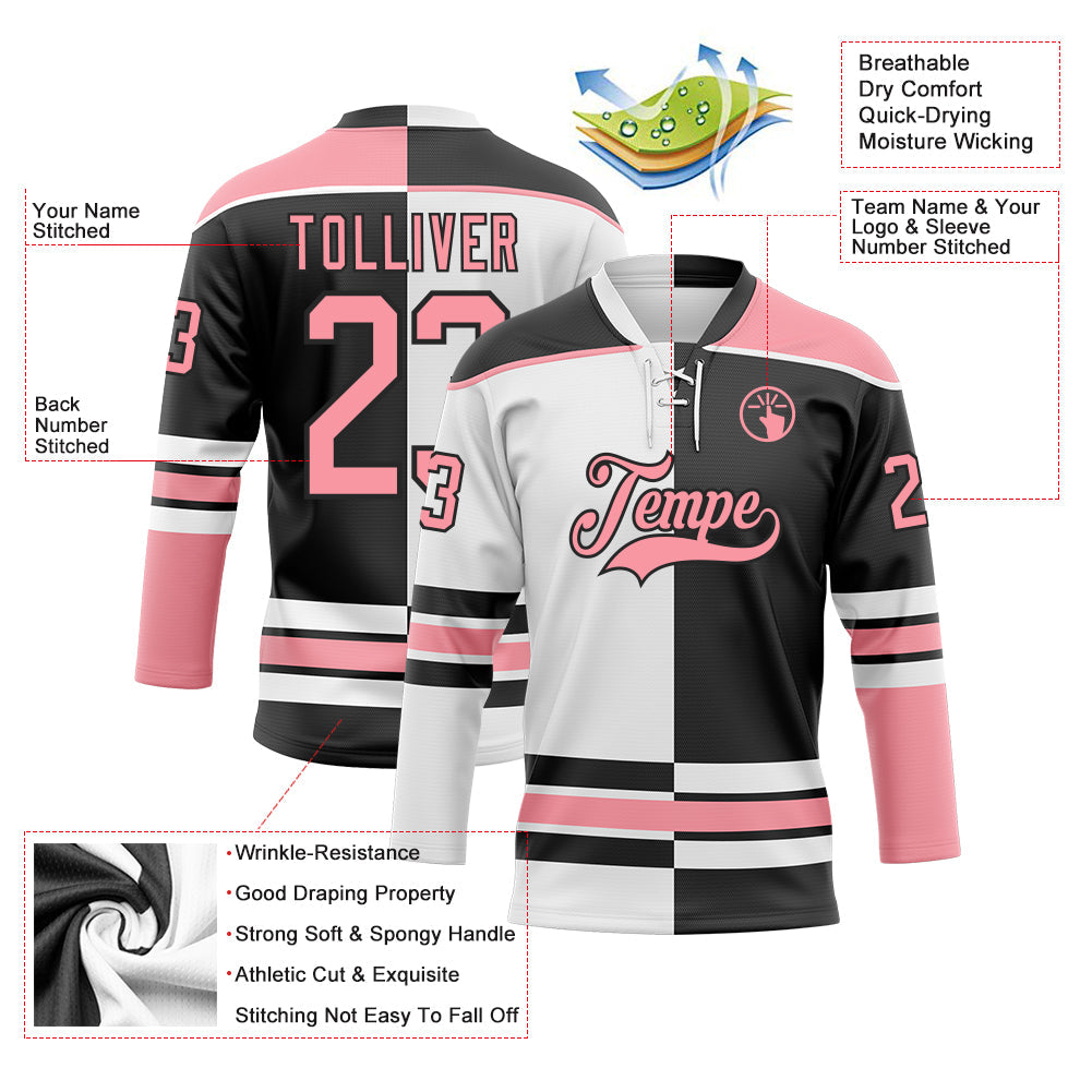 Custom Black Medium Pink-White Split Fashion Hockey Lace Neck Jersey