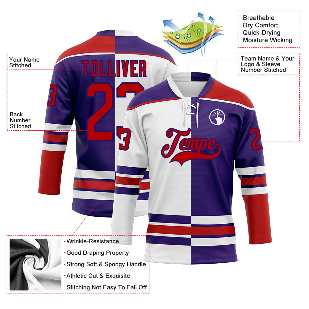 Custom Purple Red-White Split Fashion Hockey Lace Neck Jersey