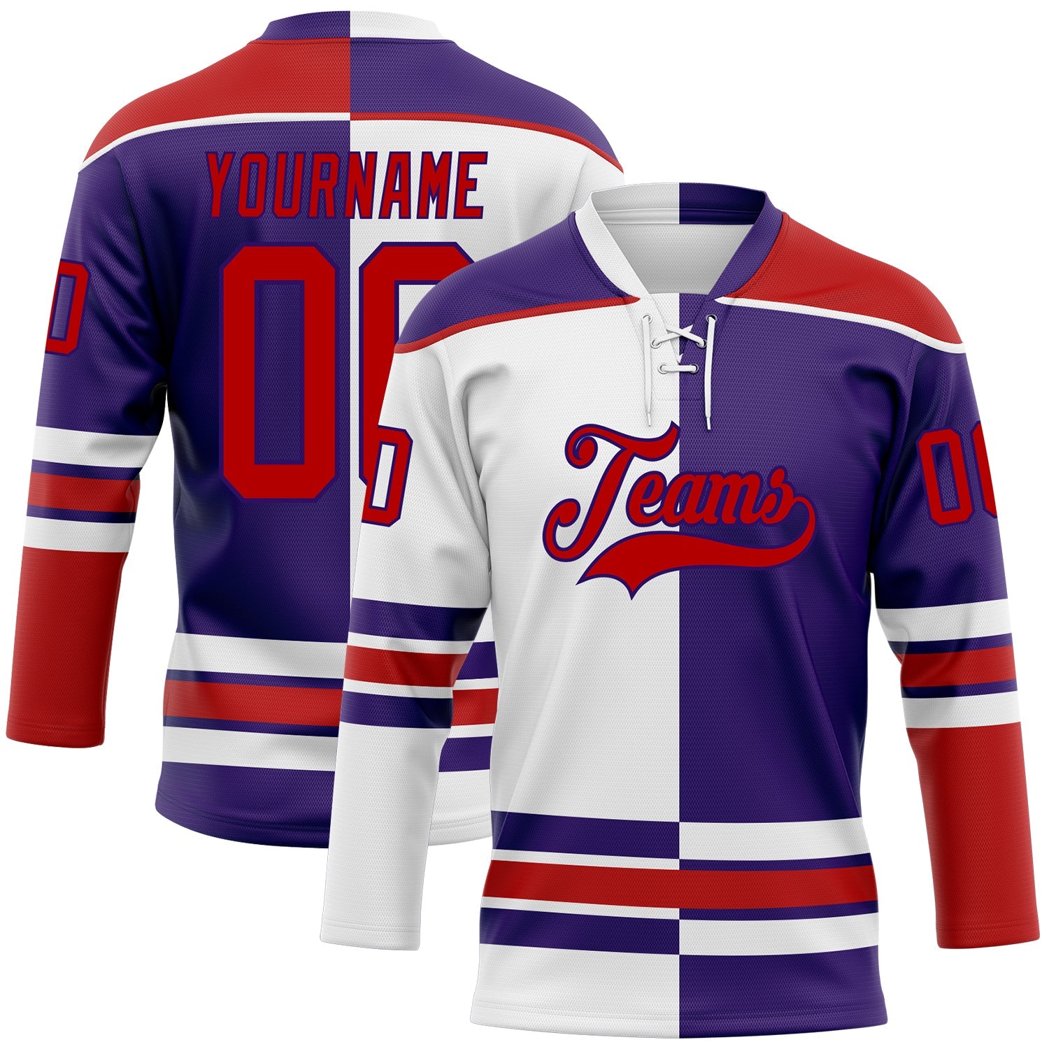 Custom Purple Red-White Split Fashion Hockey Lace Neck Jersey