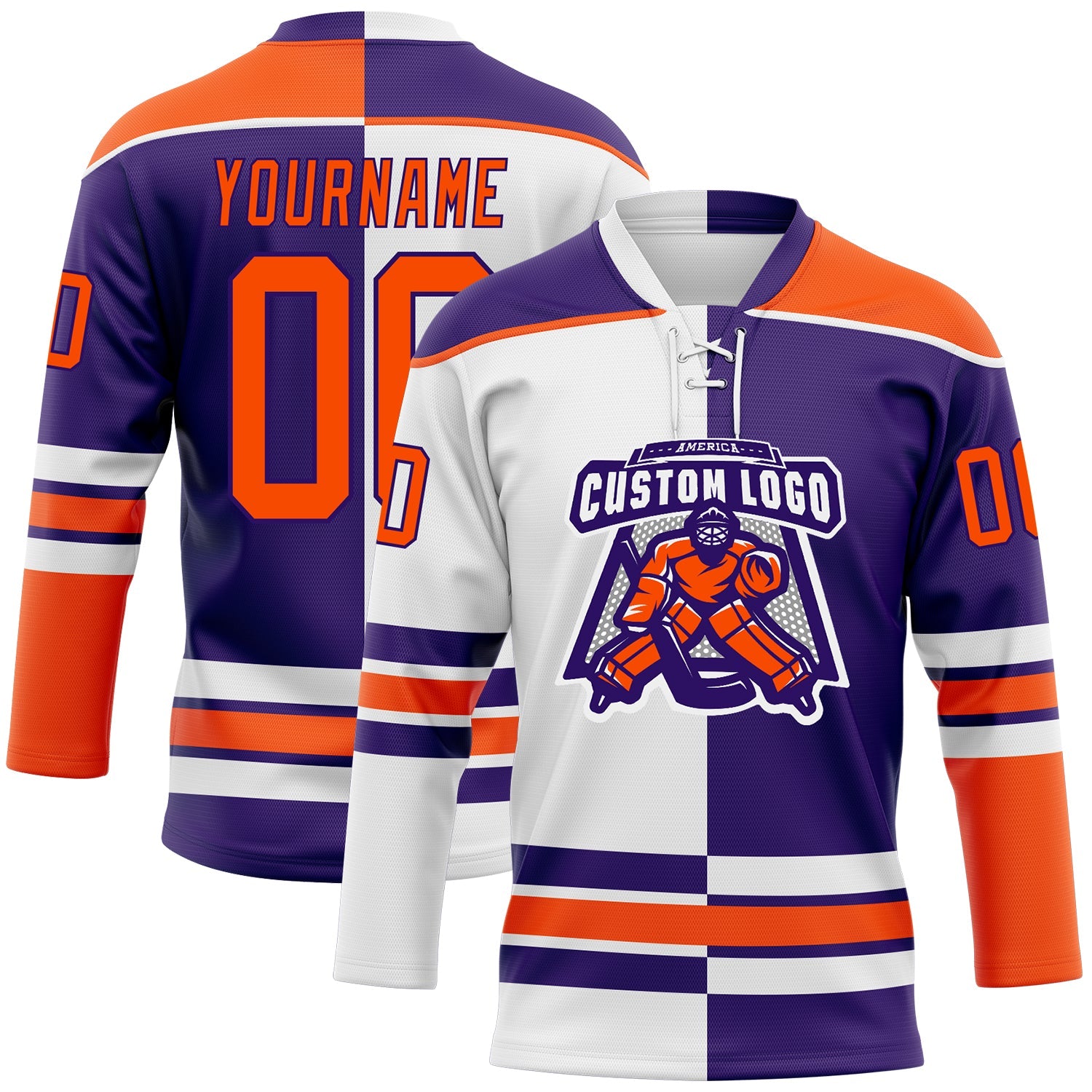 Custom Purple Orange-White Split Fashion Hockey Lace Neck Jersey