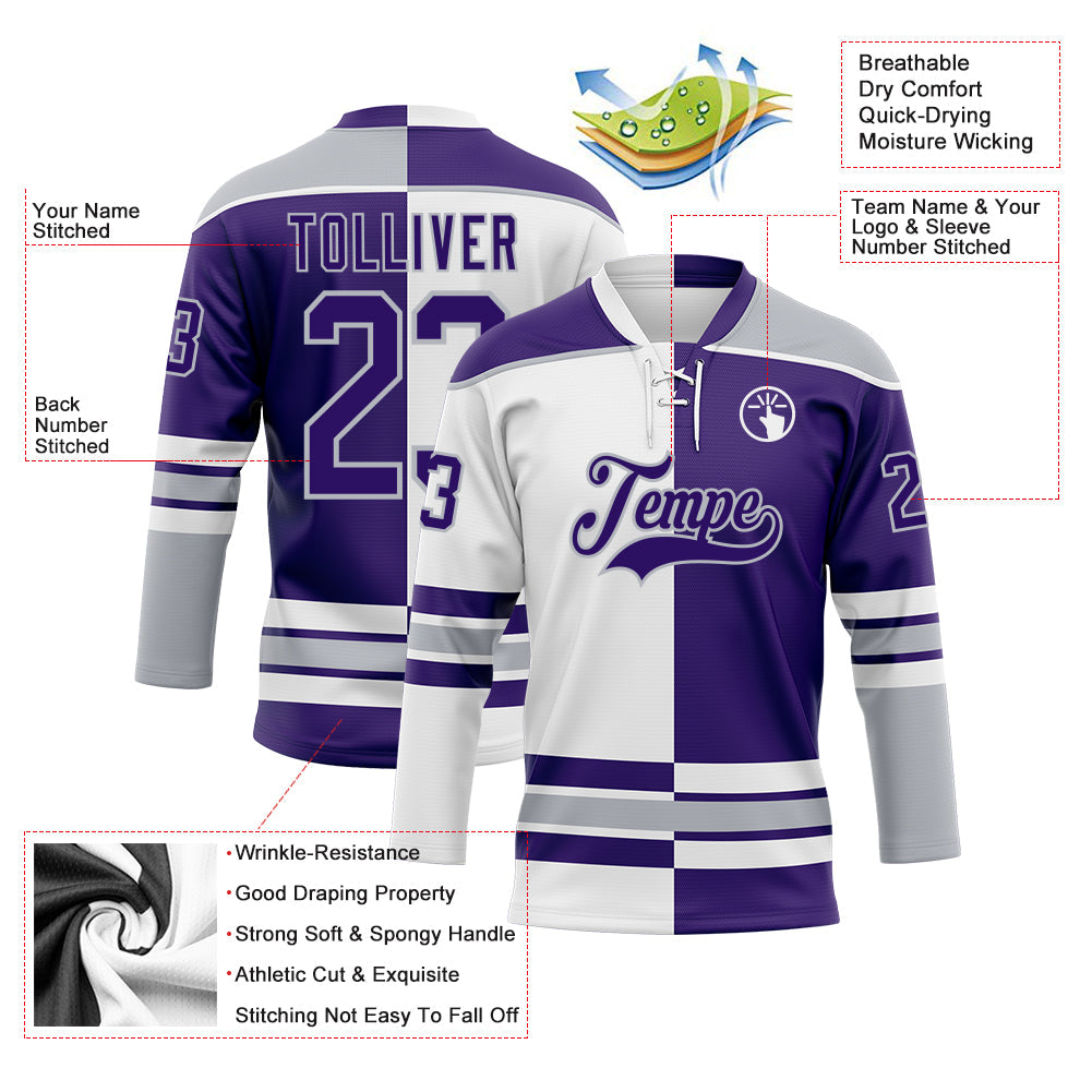 Custom Purple Gray-White Split Fashion Hockey Lace Neck Jersey
