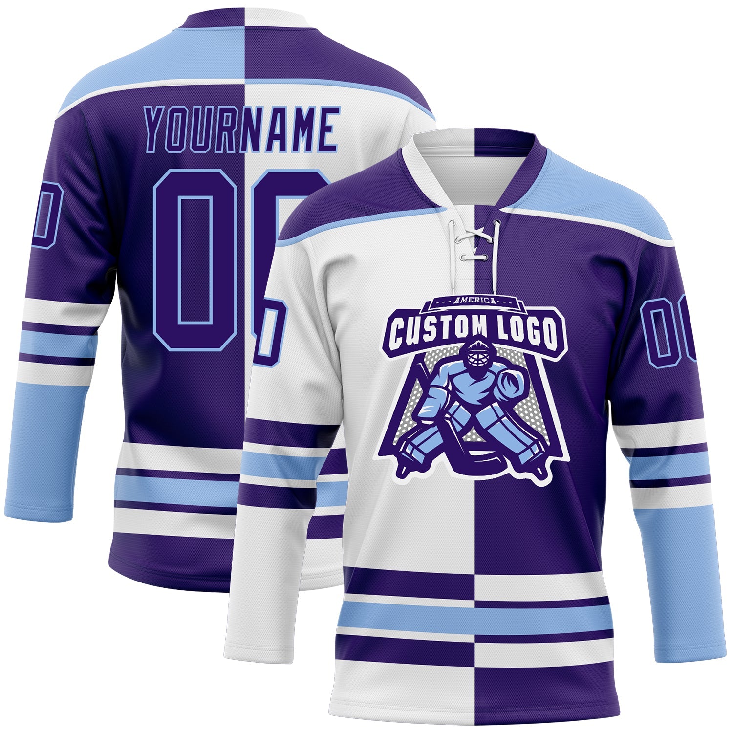 Custom Purple Light Blue-White Split Fashion Hockey Lace Neck Jersey