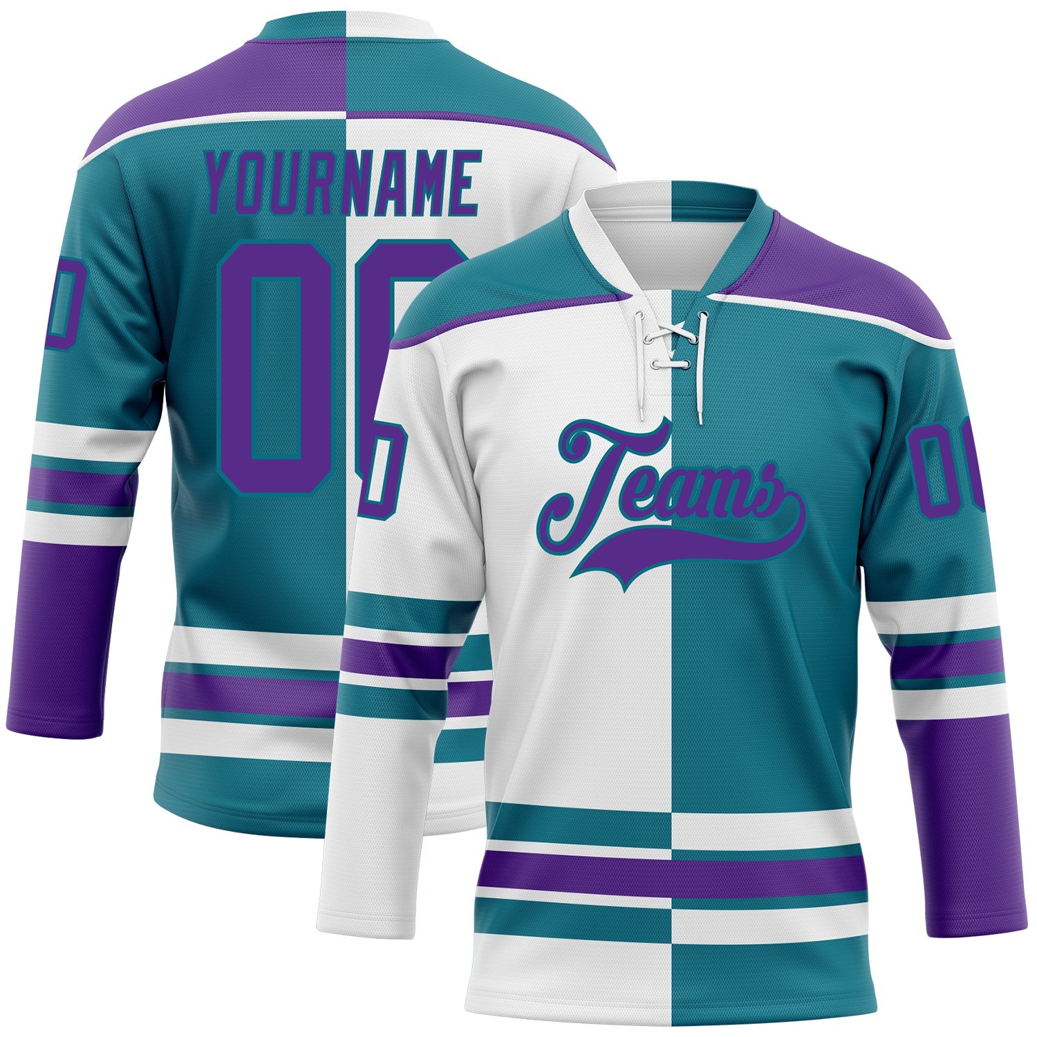 Custom Teal Purple-White Split Fashion Hockey Lace Neck Jersey