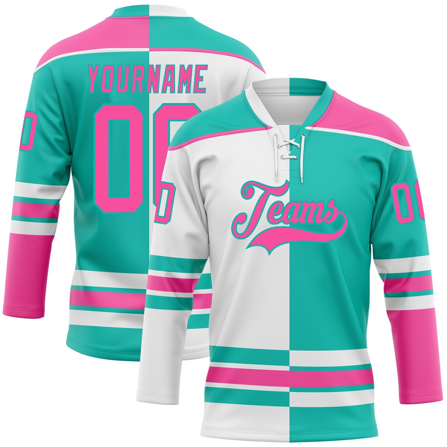 Custom Aqua Pink-White Split Fashion Hockey Lace Neck Jersey