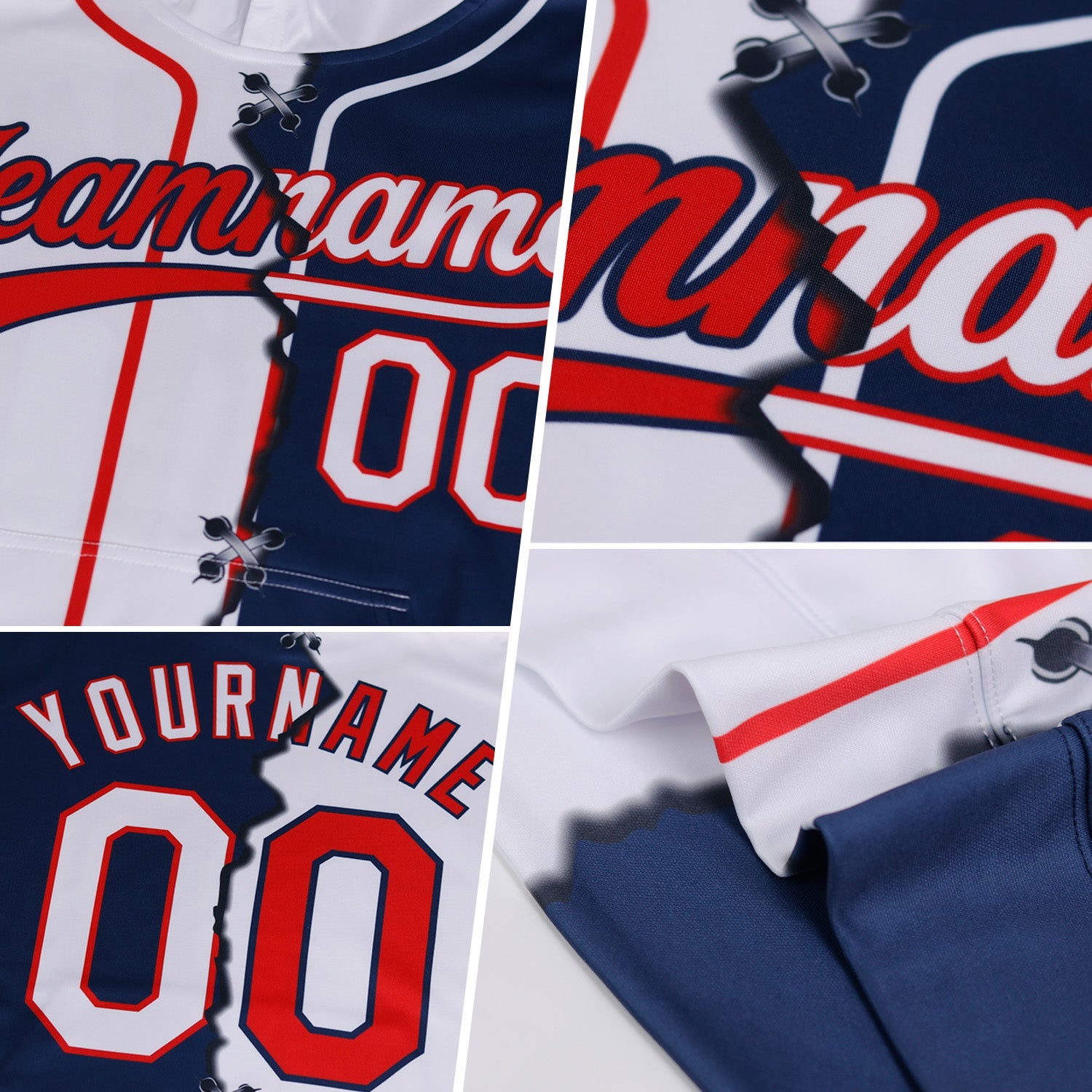 Custom Black Red-White Split Ripped Pattern Baseball Pullover Sweatshirt Hoodie