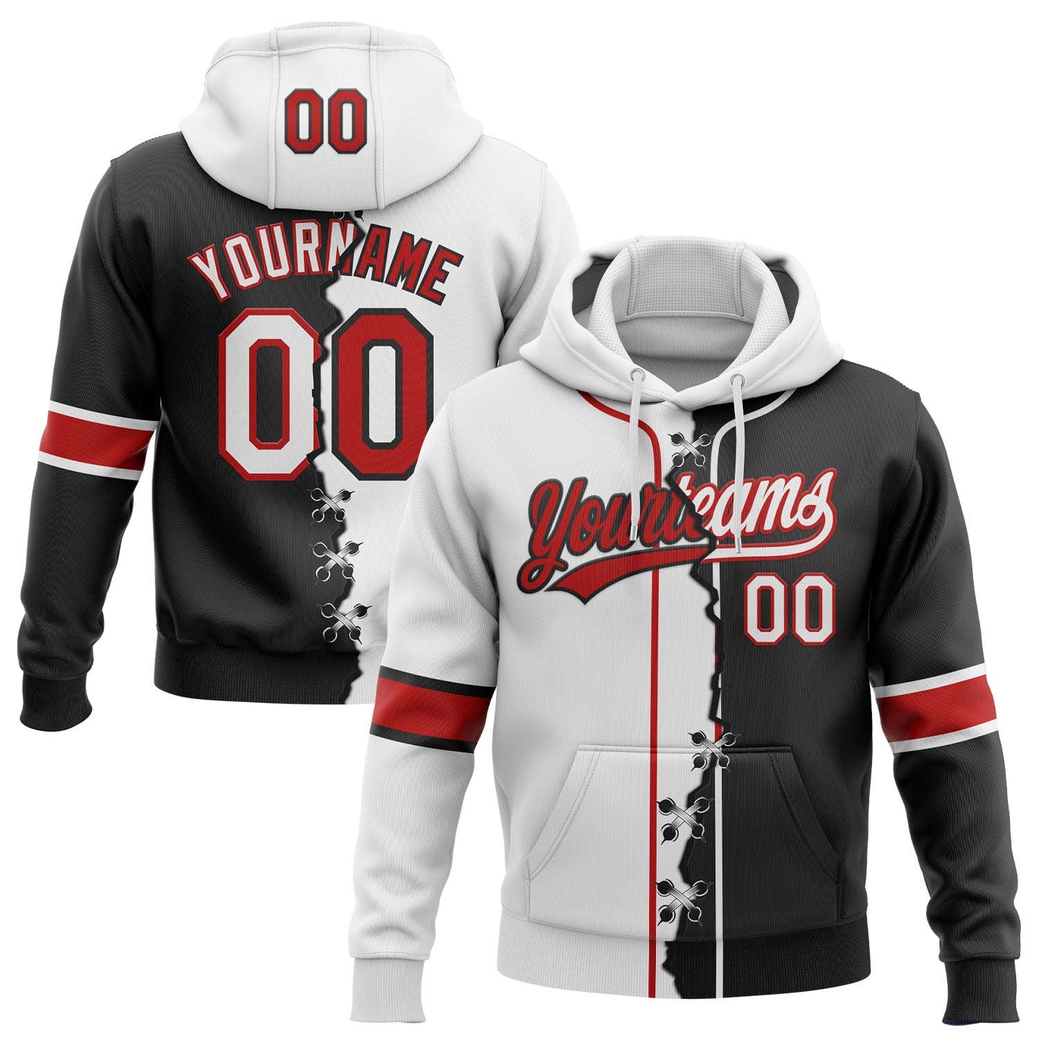 Custom Black Red-White Split Ripped Pattern Baseball Pullover Sweatshirt Hoodie