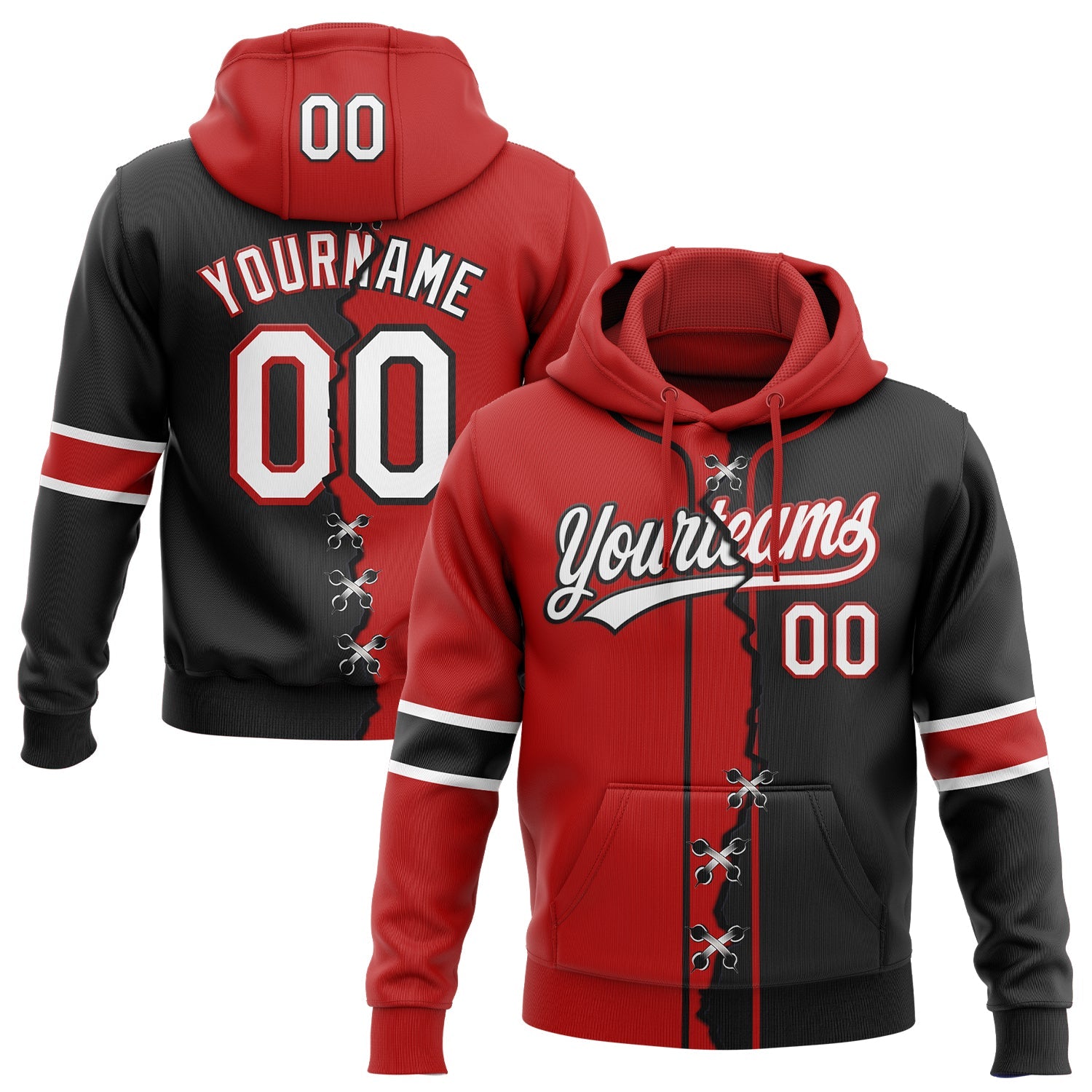 Custom Black White-Red Split Ripped Pattern Baseball Pullover Sweatshirt Hoodie