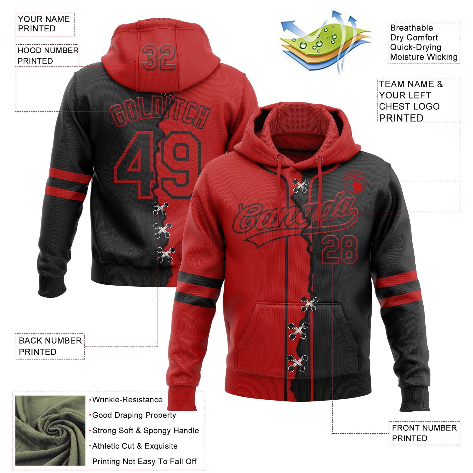 Custom Black Red Split Ripped Pattern Baseball Pullover Sweatshirt Hoodie