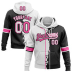 Custom Black Whte-Pink Split Ripped Pattern Baseball Pullover Sweatshirt Hoodie
