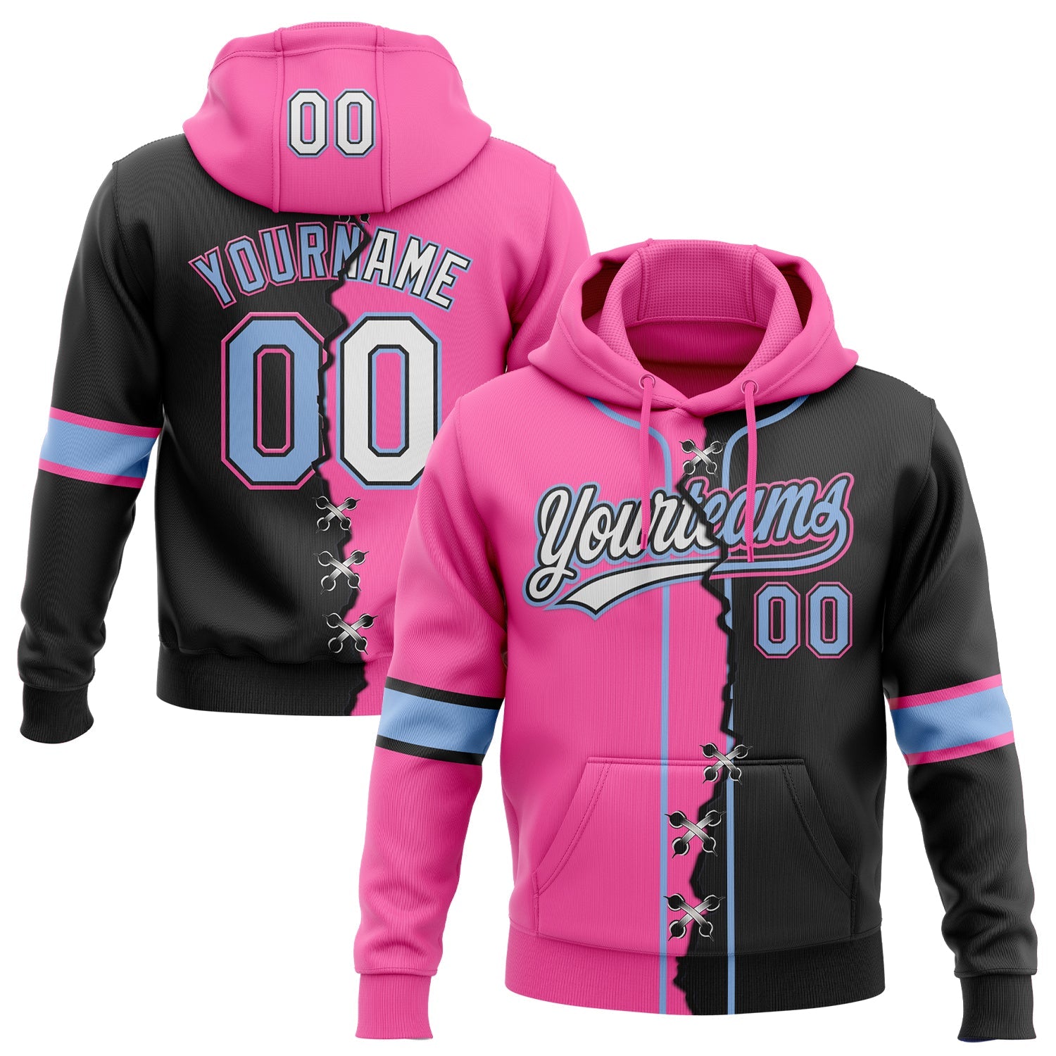 Custom Black Light Blue Pink-Whte Split Ripped Pattern Baseball Pullover Sweatshirt Hoodie