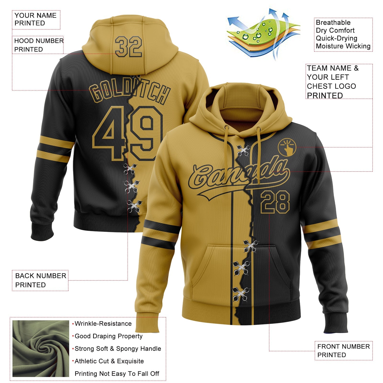 Custom Black Old Gold Split Ripped Pattern Baseball Pullover Sweatshirt Hoodie