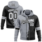 Custom Black Gray-White Split Ripped Pattern Baseball Pullover Sweatshirt Hoodie