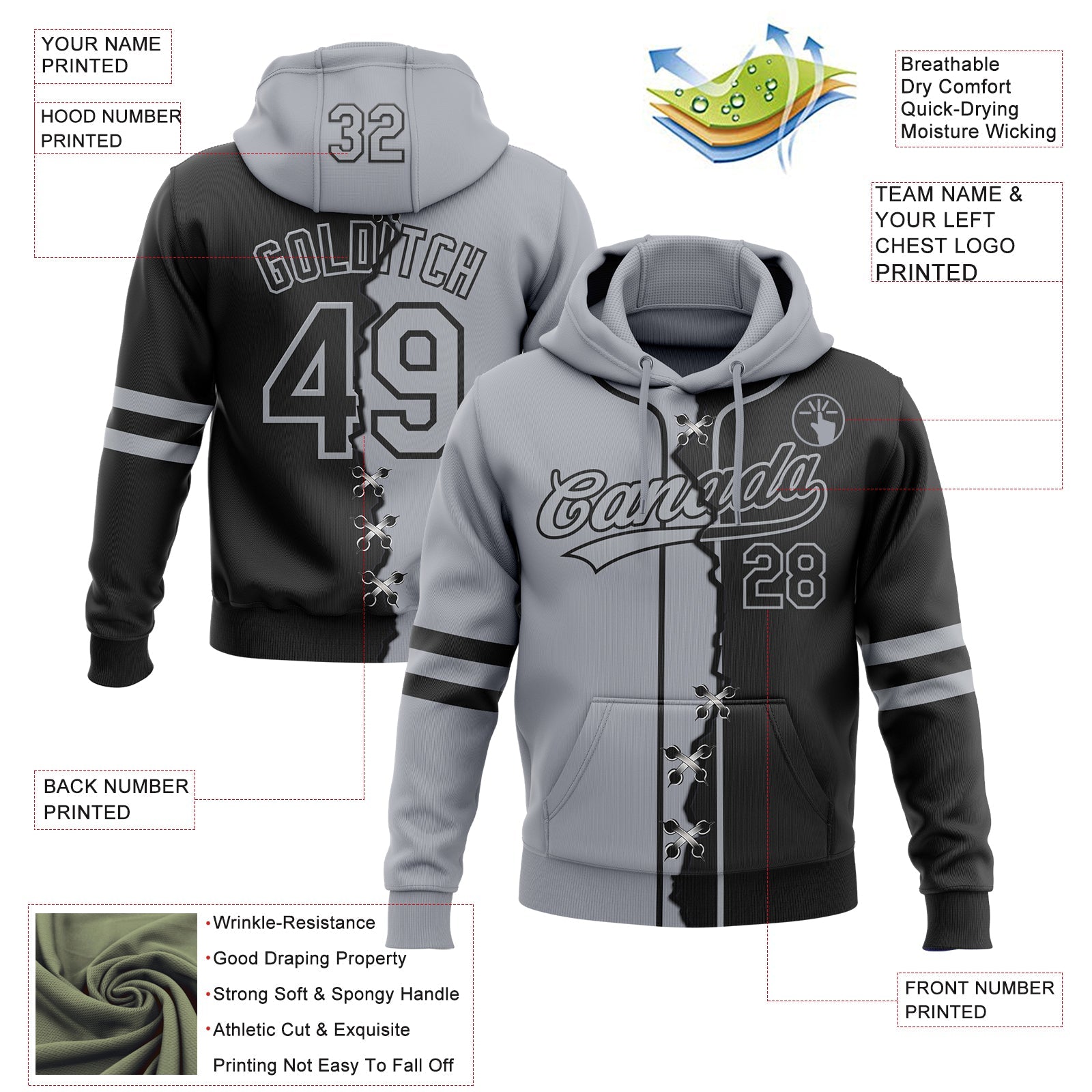 Custom Black Gray Split Ripped Pattern Baseball Pullover Sweatshirt Hoodie