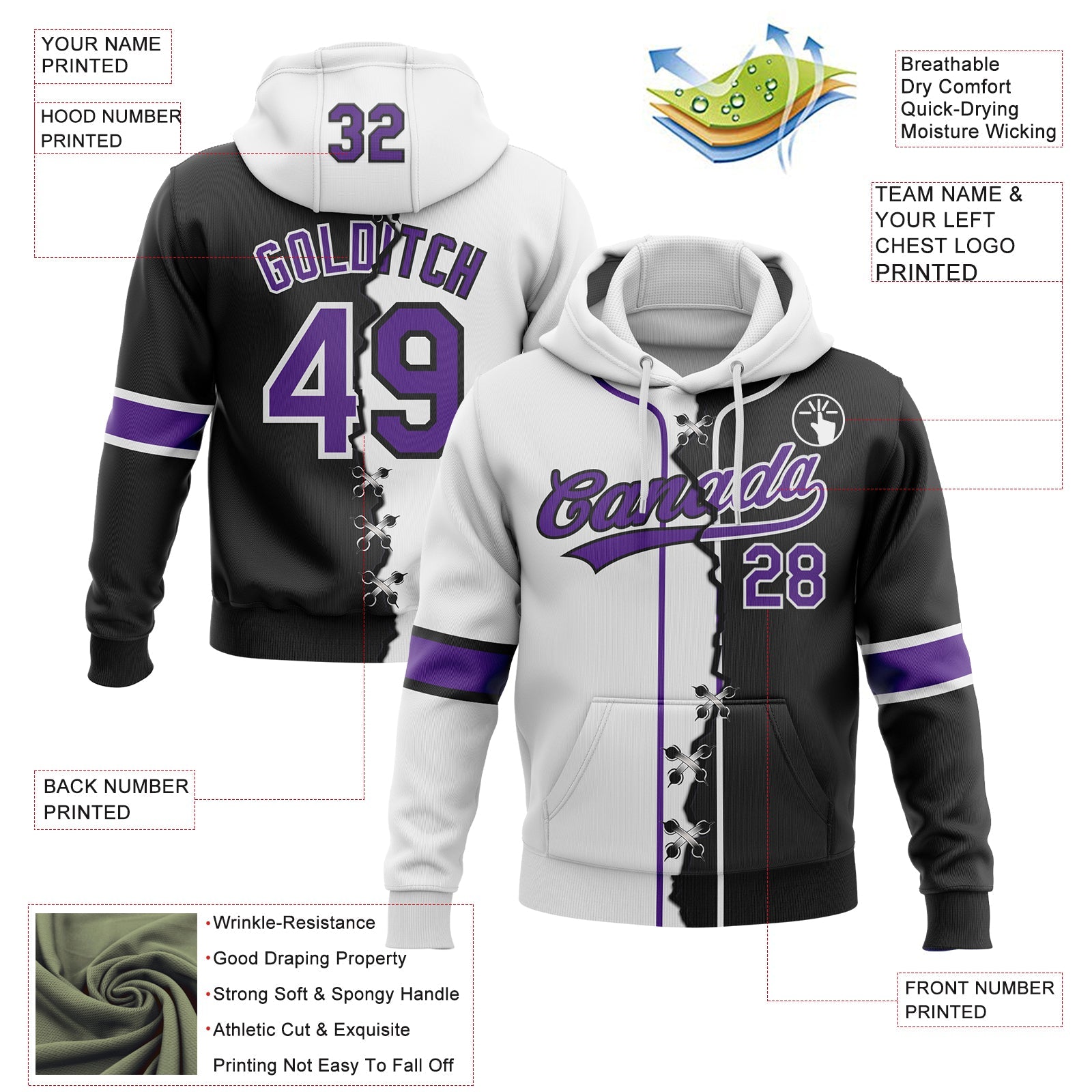 Custom Black Purple-White Split Ripped Pattern Baseball Pullover Sweatshirt Hoodie
