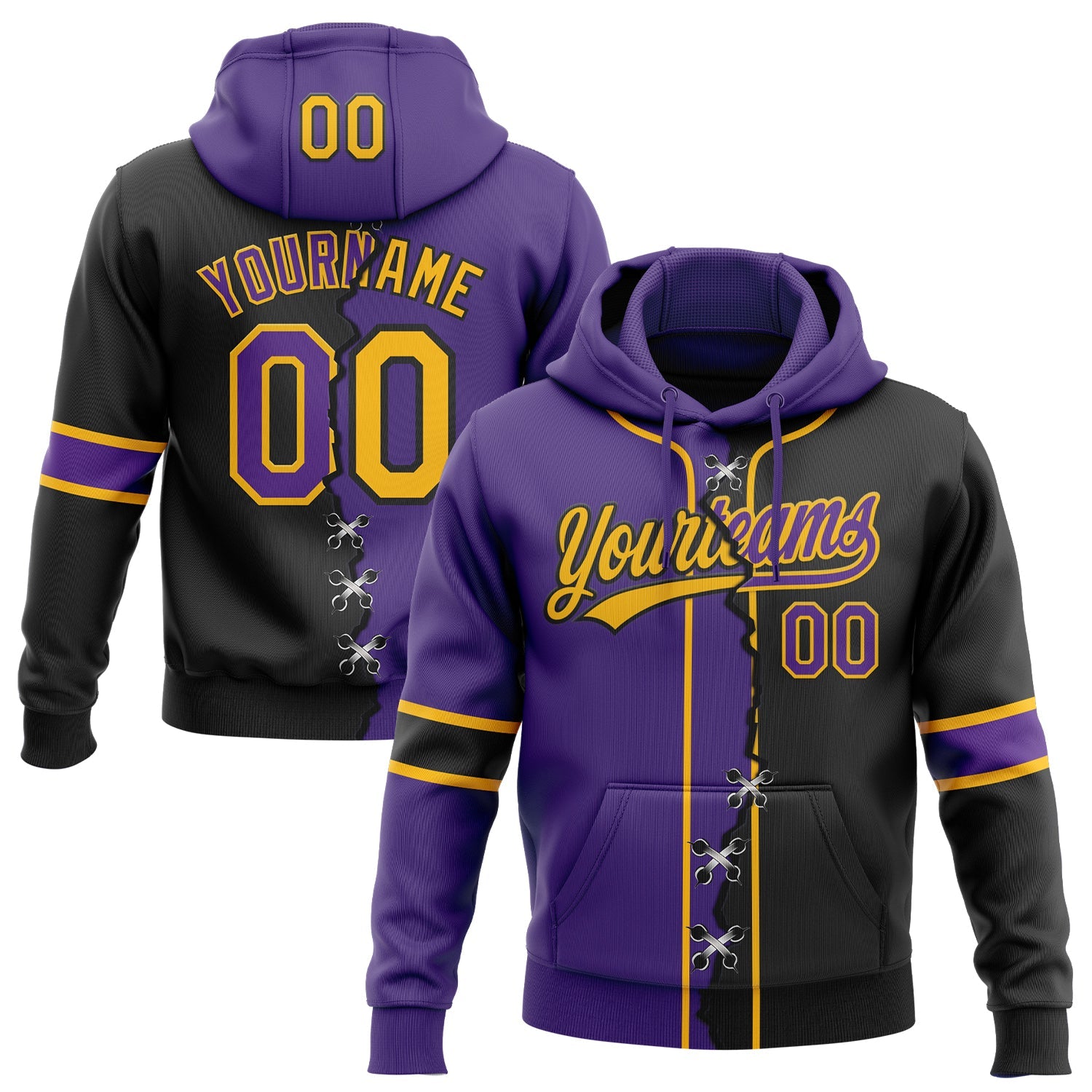 Custom Black Purple-Gold Split Ripped Pattern Baseball Pullover Sweatshirt Hoodie