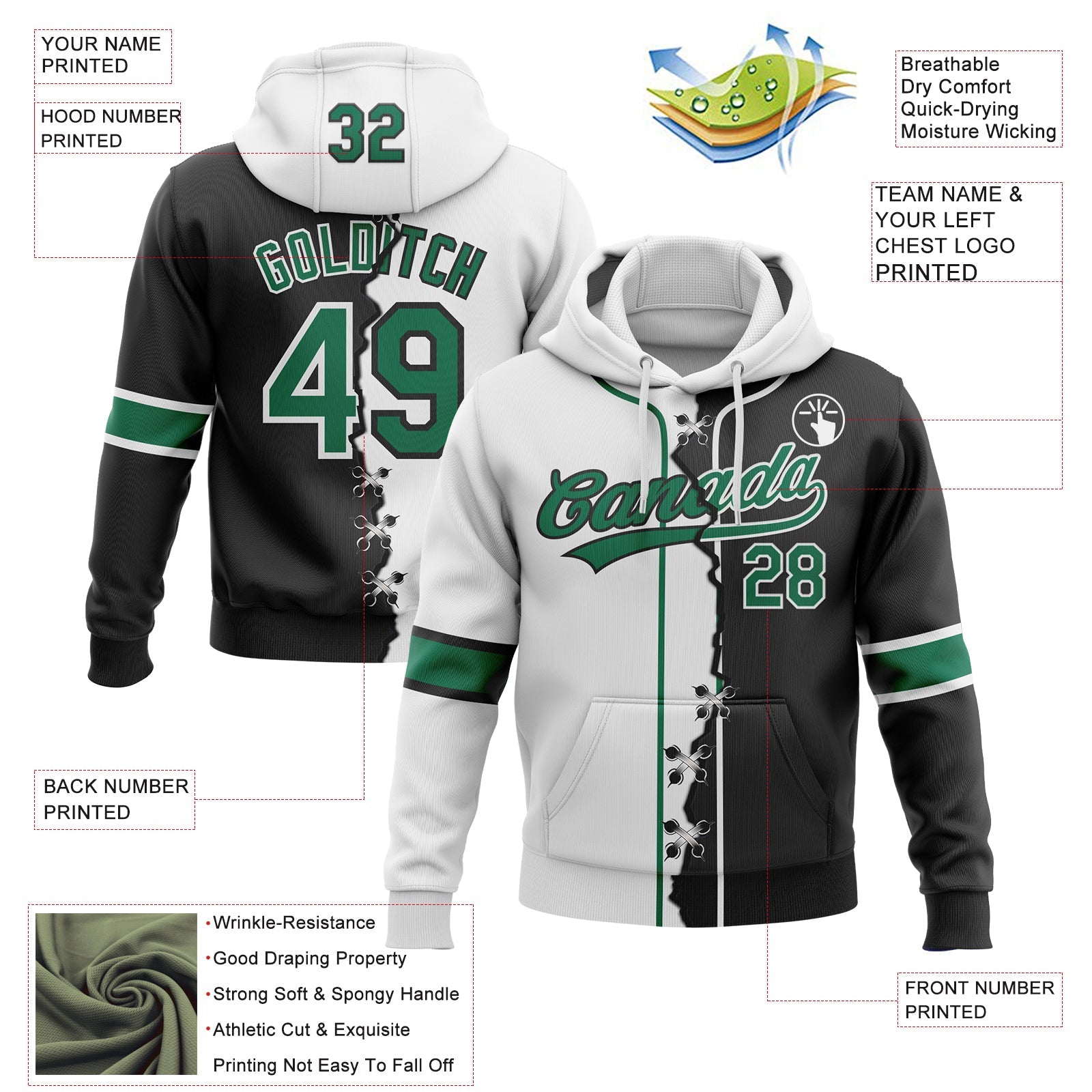 Custom Black Kelly Green-White Split Ripped Pattern Baseball Pullover Sweatshirt Hoodie