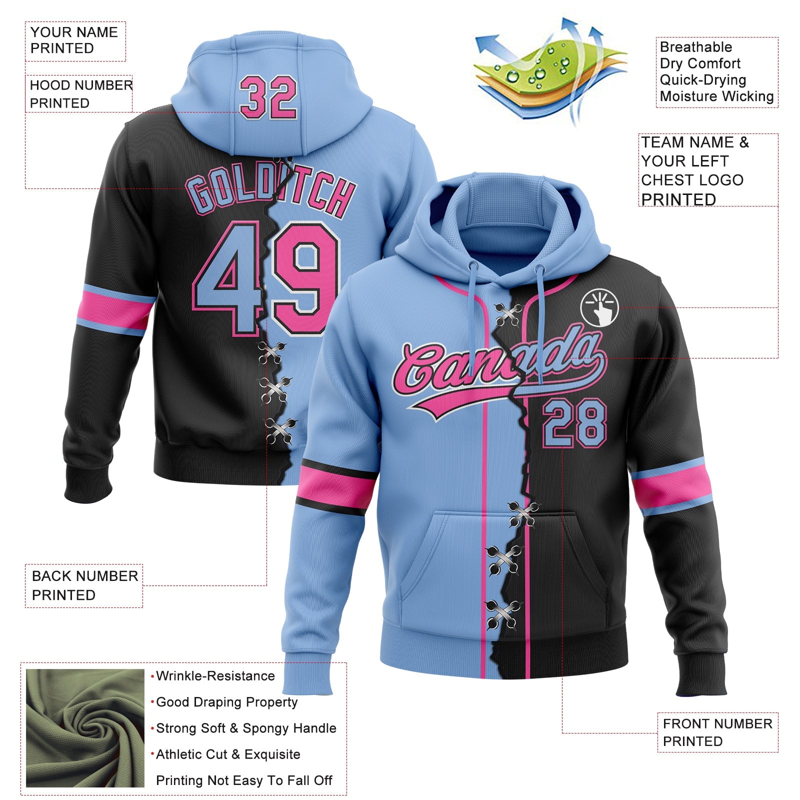 Custom Black Light Blue Pink-White Split Ripped Pattern Baseball Pullover Sweatshirt Hoodie
